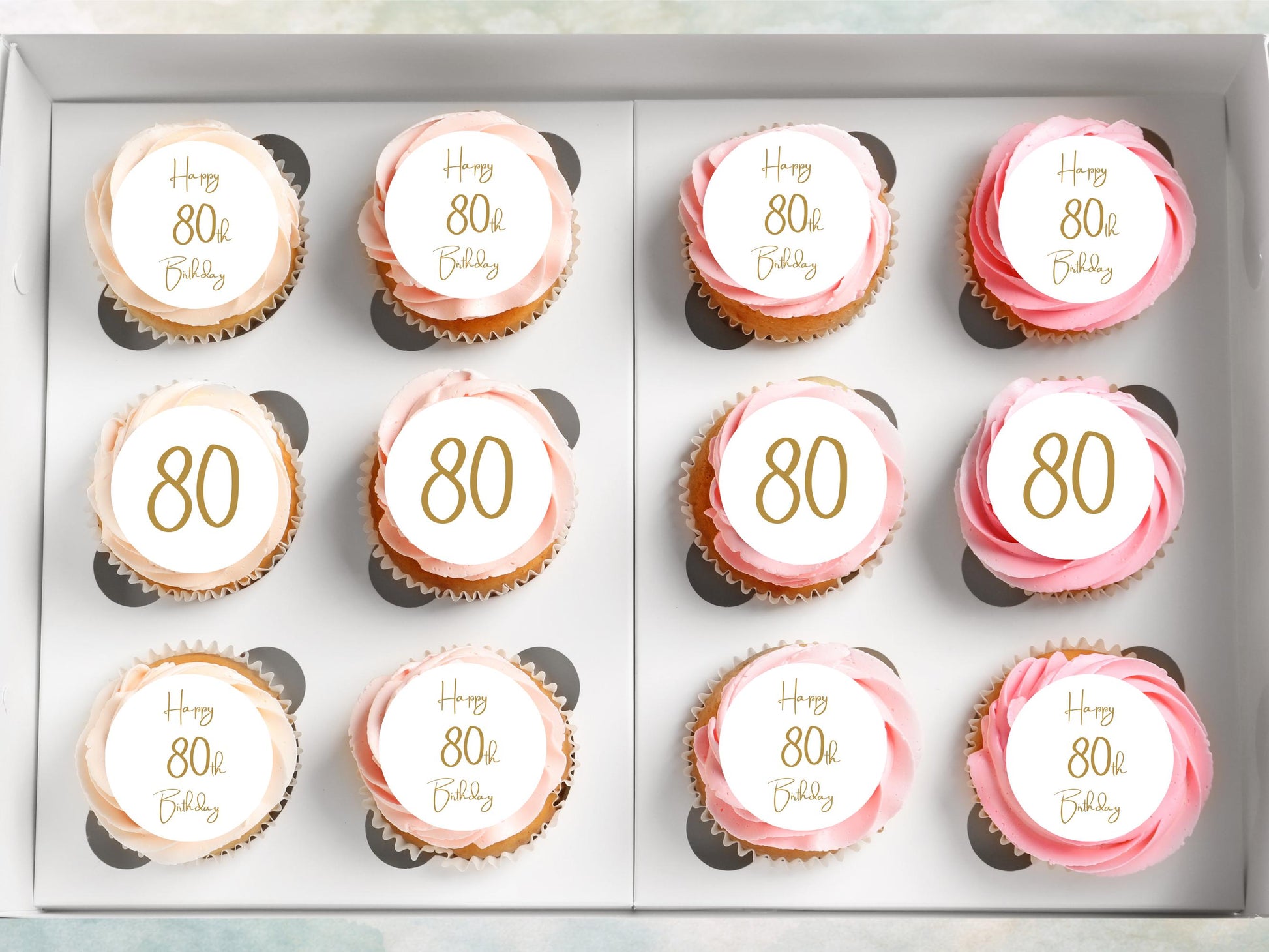 80th Birthday Edible Cupcake Toppers – Precut, 2 inch (Wafer Paper, Card or Icing Sheet)