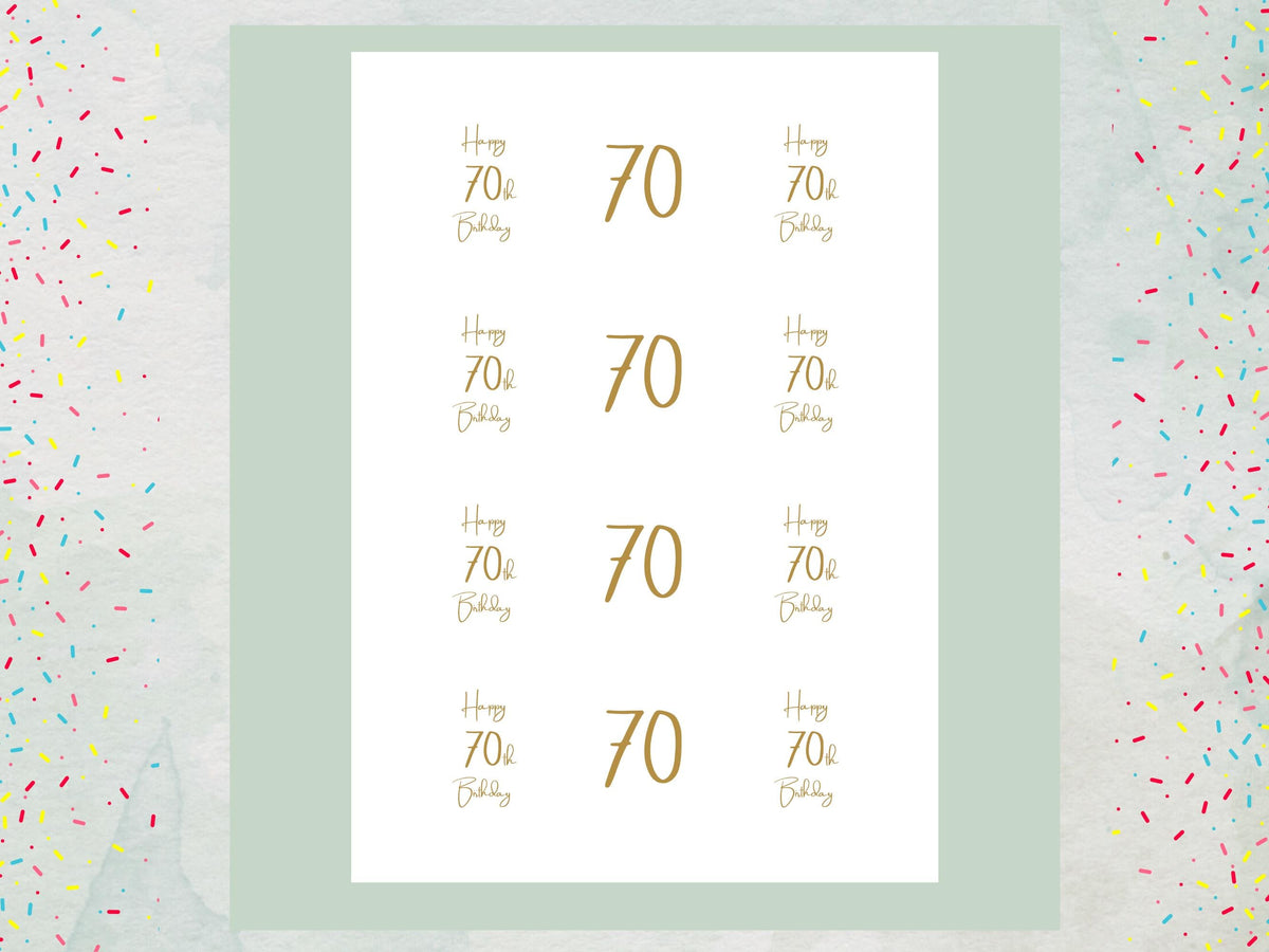 70th Birthday Edible Cupcake Toppers – Precut, 2 inch (Wafer Paper, Card or Icing Sheet)