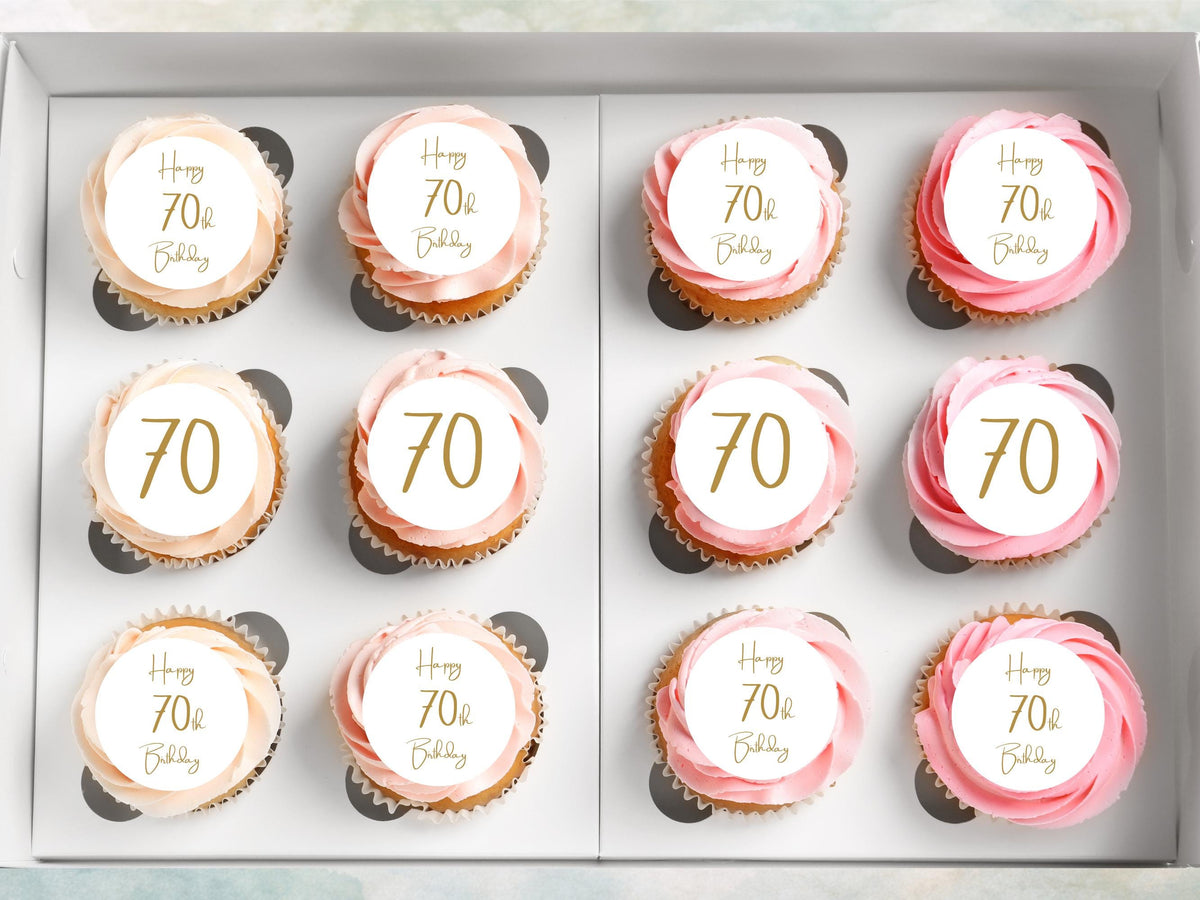 70th Birthday Edible Cupcake Toppers – Precut, 2 inch (Wafer Paper, Card or Icing Sheet)