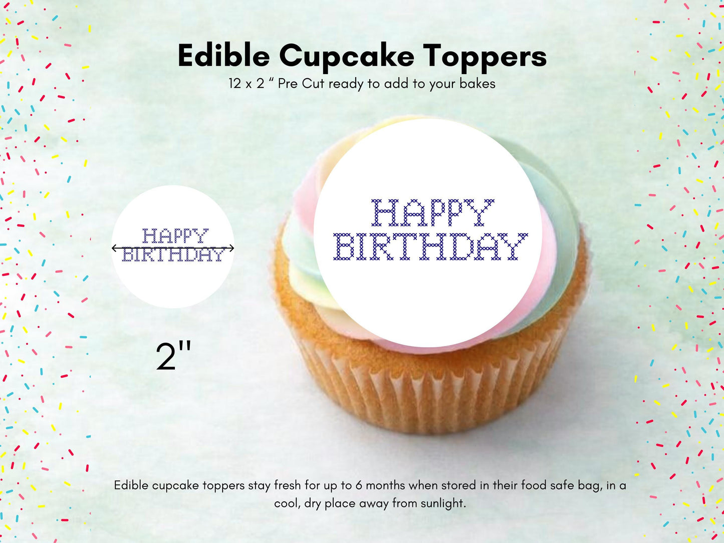 Happy Birthday Cross Stitch Design Edible Cupcake Toppers - 12 x 2"