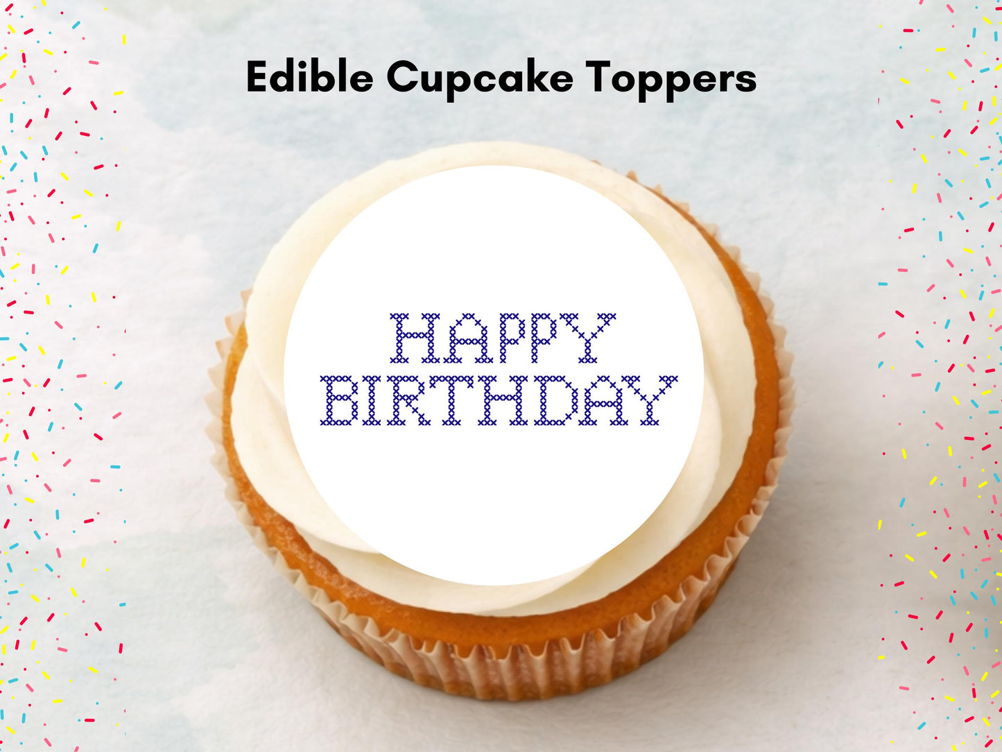 Happy Birthday Cross Stitch Design Edible Cupcake Toppers - 12 x 2"
