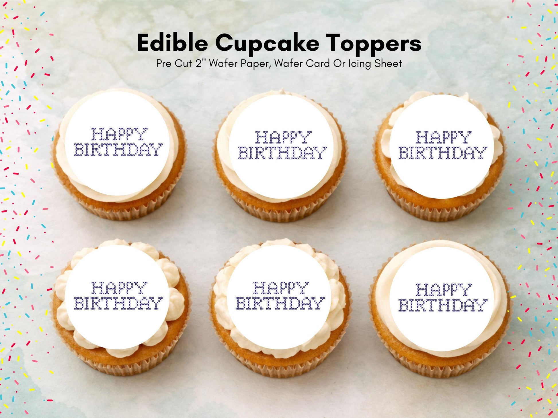 Happy Birthday Cross Stitch Design Edible Cupcake Toppers - 12 x 2"