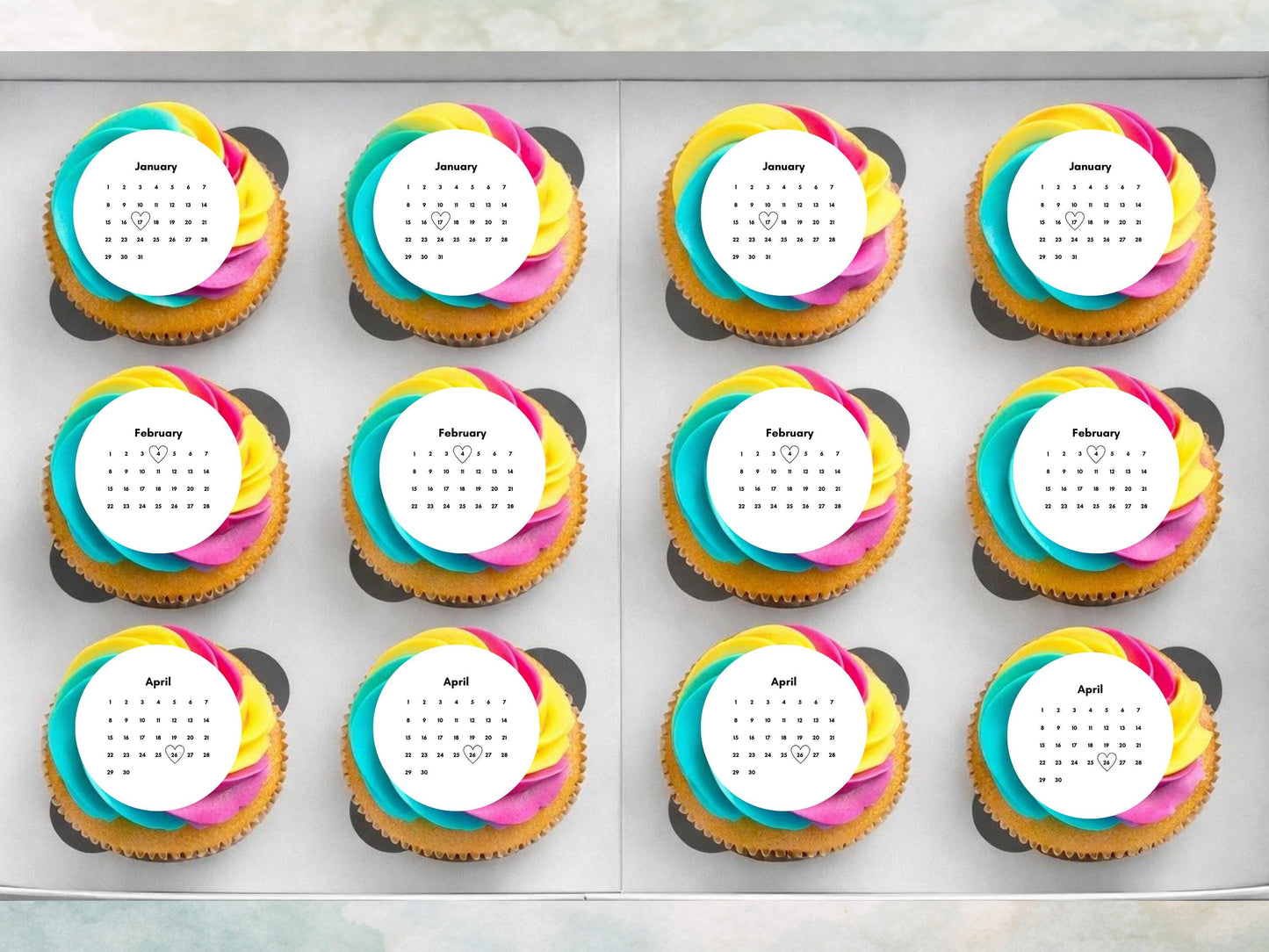 Custom Calendar Edible Cupcake Toppers: Personalized Date, Pre-Cut (Wafer Paper, Card, or Icing Sheet)