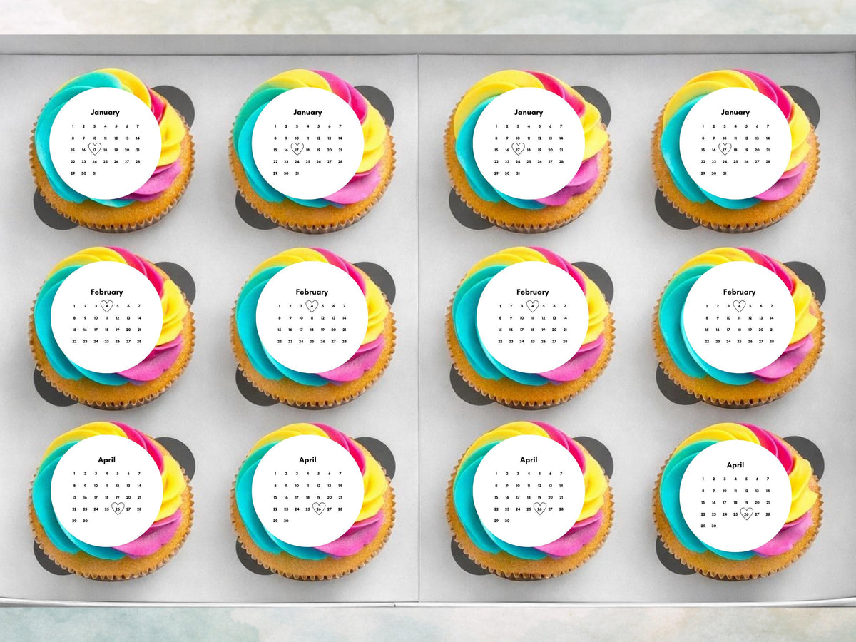 Custom Calendar Edible Cupcake Toppers: Personalized Date, Pre-Cut (Wafer Paper, Card, or Icing Sheet)