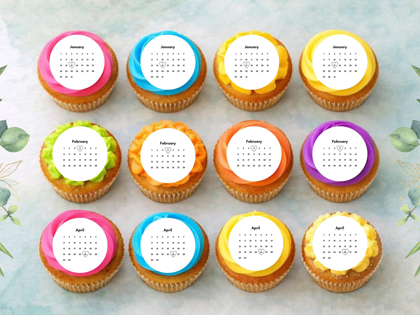 Custom Calendar Edible Cupcake Toppers: Personalized Date, Pre-Cut (Wafer Paper, Card, or Icing Sheet)