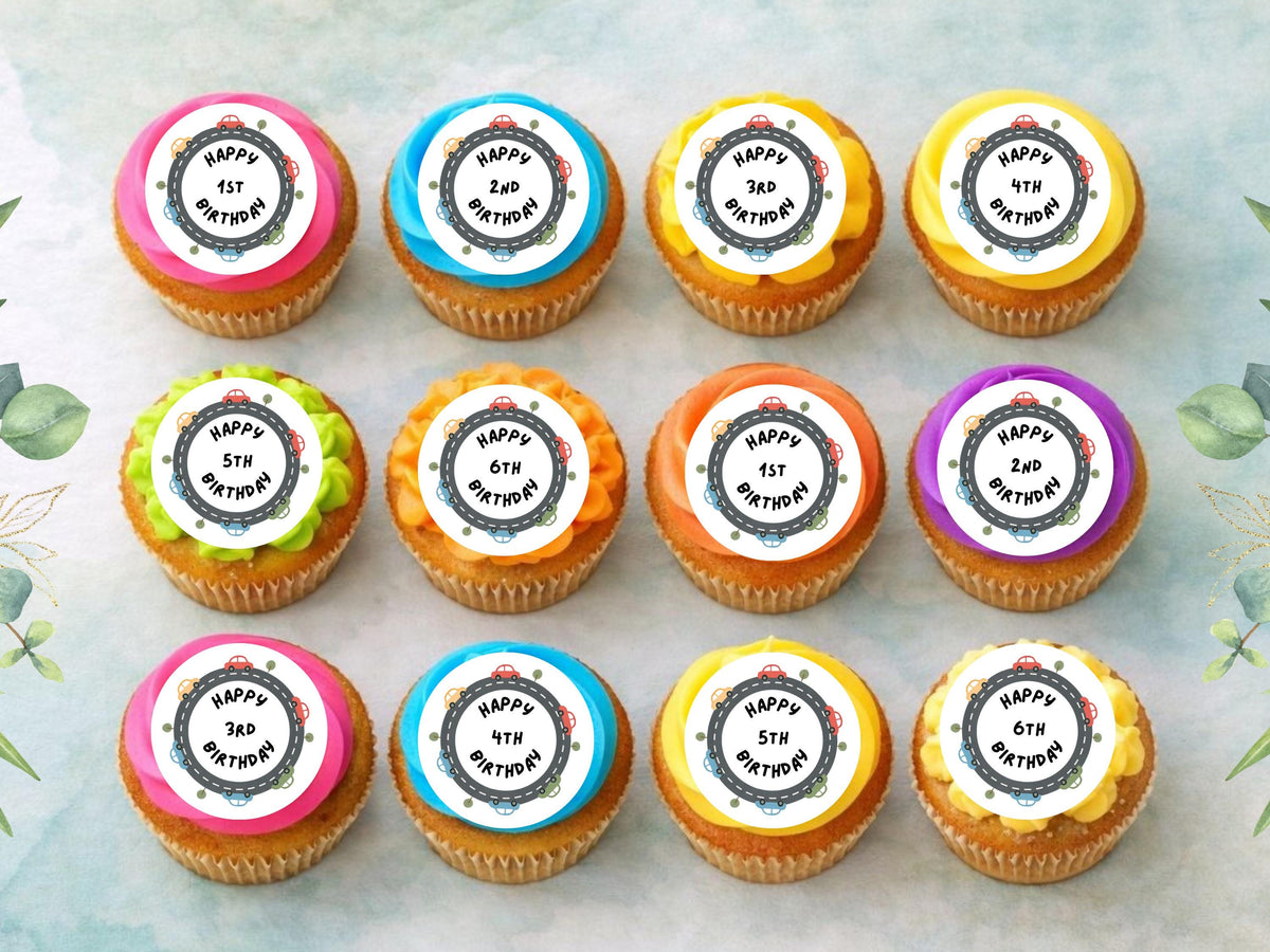 Car Birthday Edible Cupcake Toppers, Personalised Number Cake Decoration