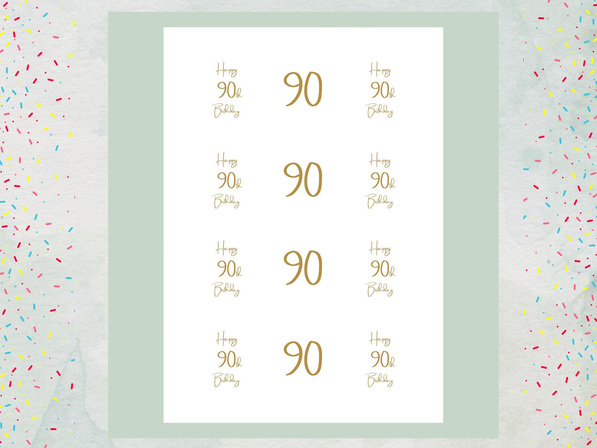 90th Birthday Edible Cupcake Toppers – Precut 12 x 2 inch (Wafer Paper, Card or Icing Sheet)