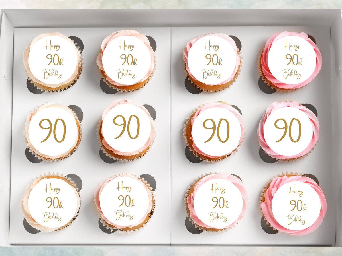 90th Birthday Edible Cupcake Toppers – Precut 12 x 2 inch (Wafer Paper, Card or Icing Sheet)