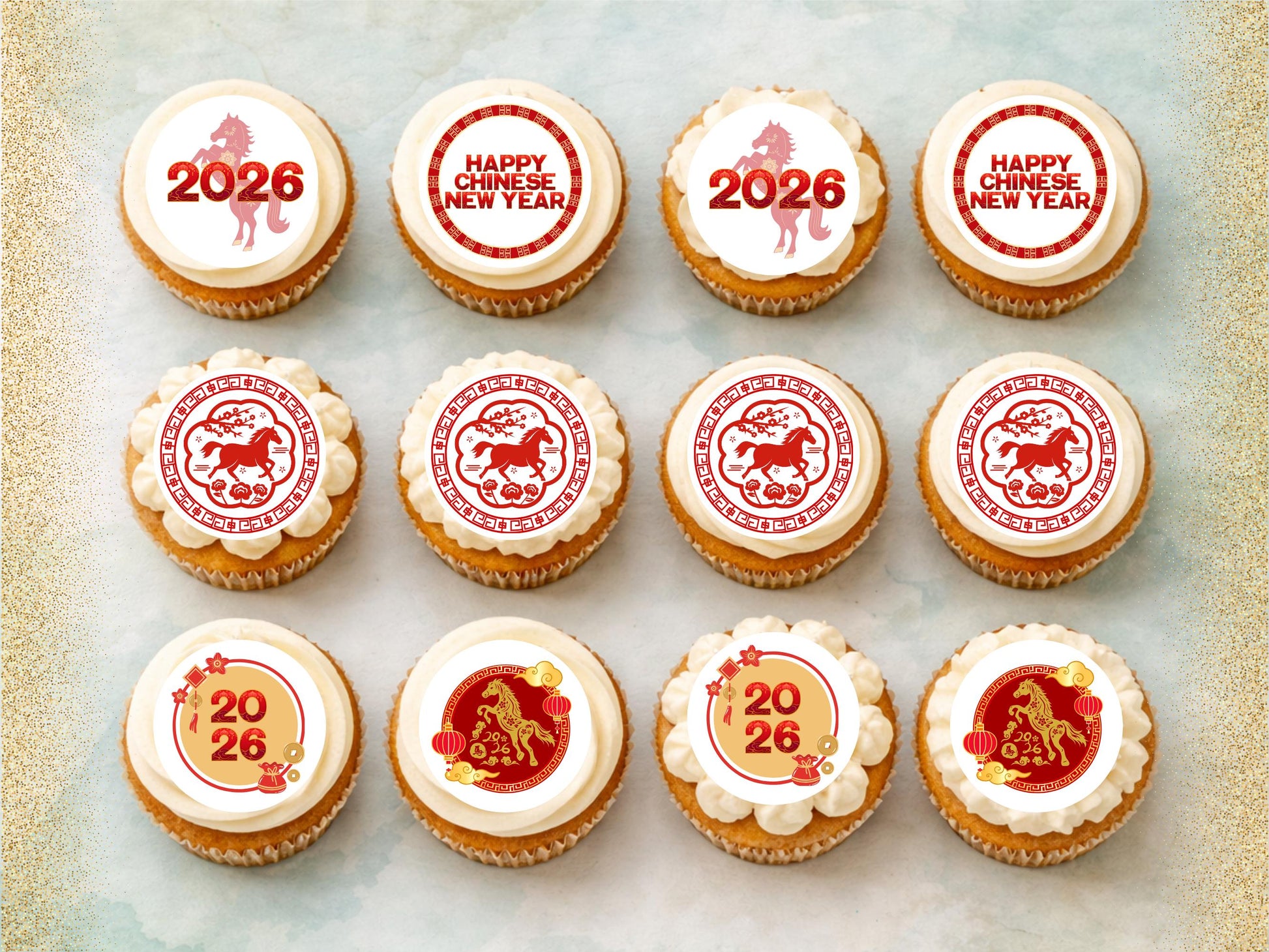 Chinese New Year Cupcake Toppers – Edible Wafer Paper, Card, Icing (12 x 2")
