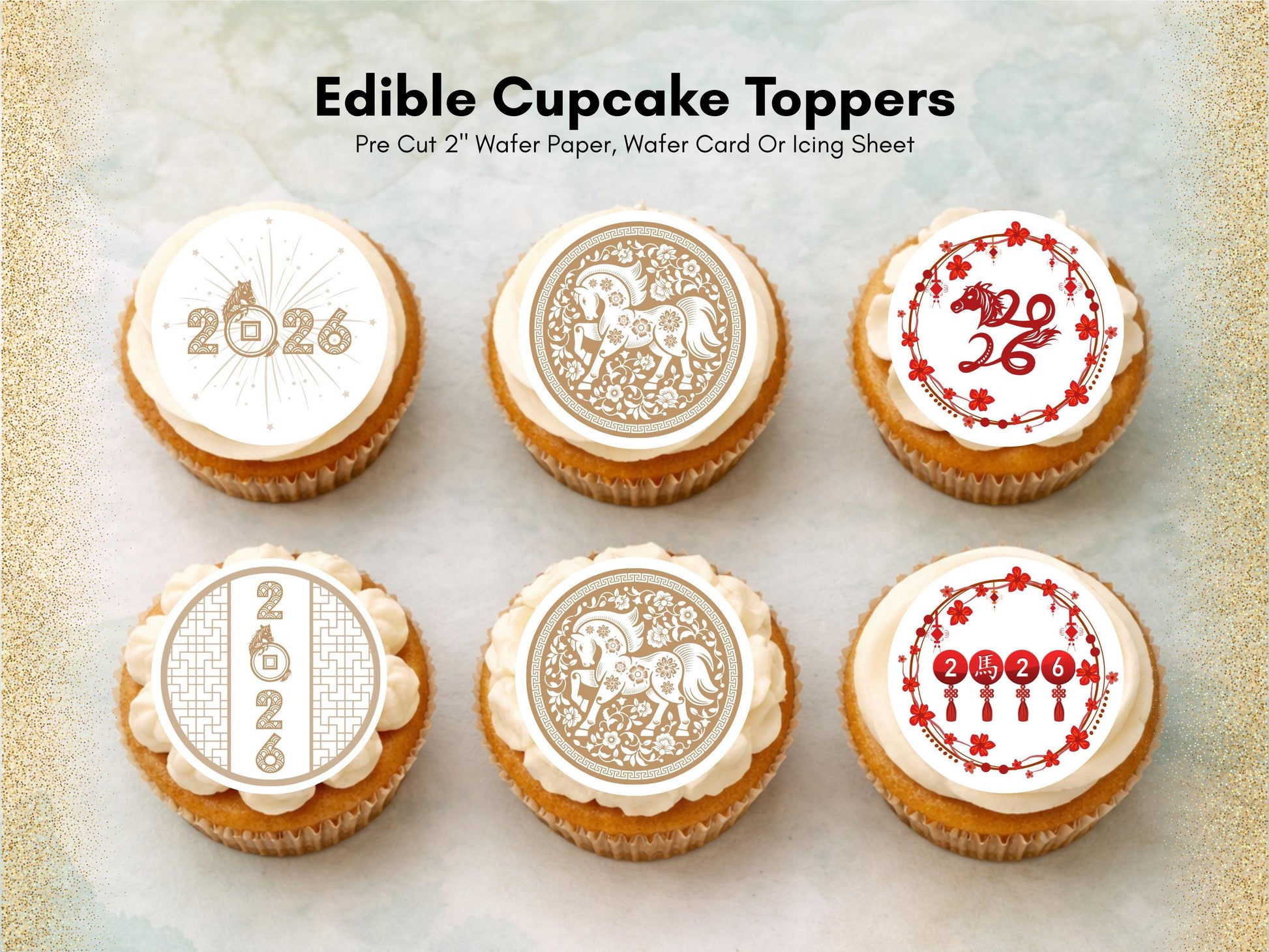 Chinese New Year Cupcake Toppers – Year of the Horse, Edible Decorations