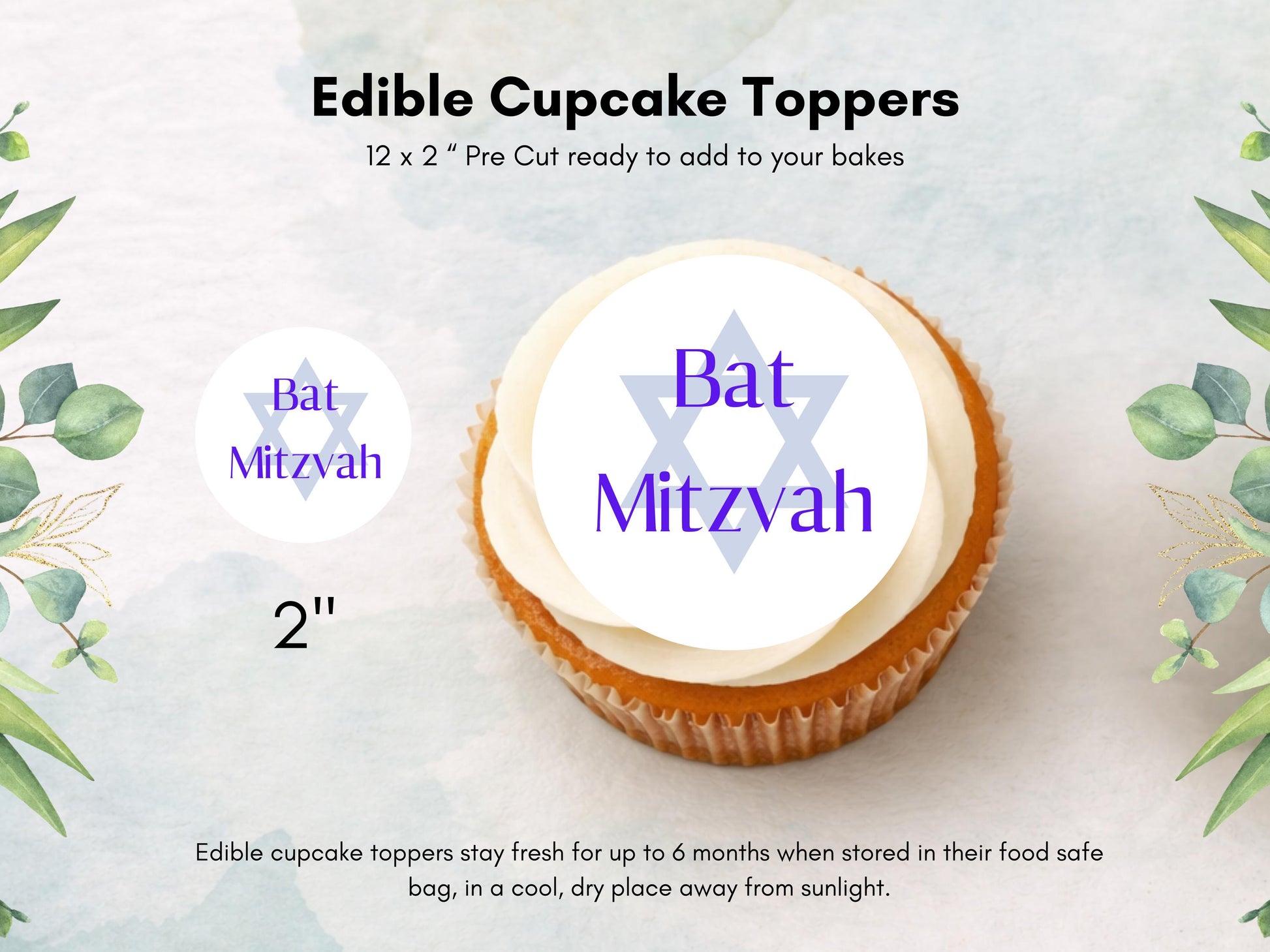 Bat Mitzvah Cupcake Toppers – Edible Wafer Paper, Icing Sheet