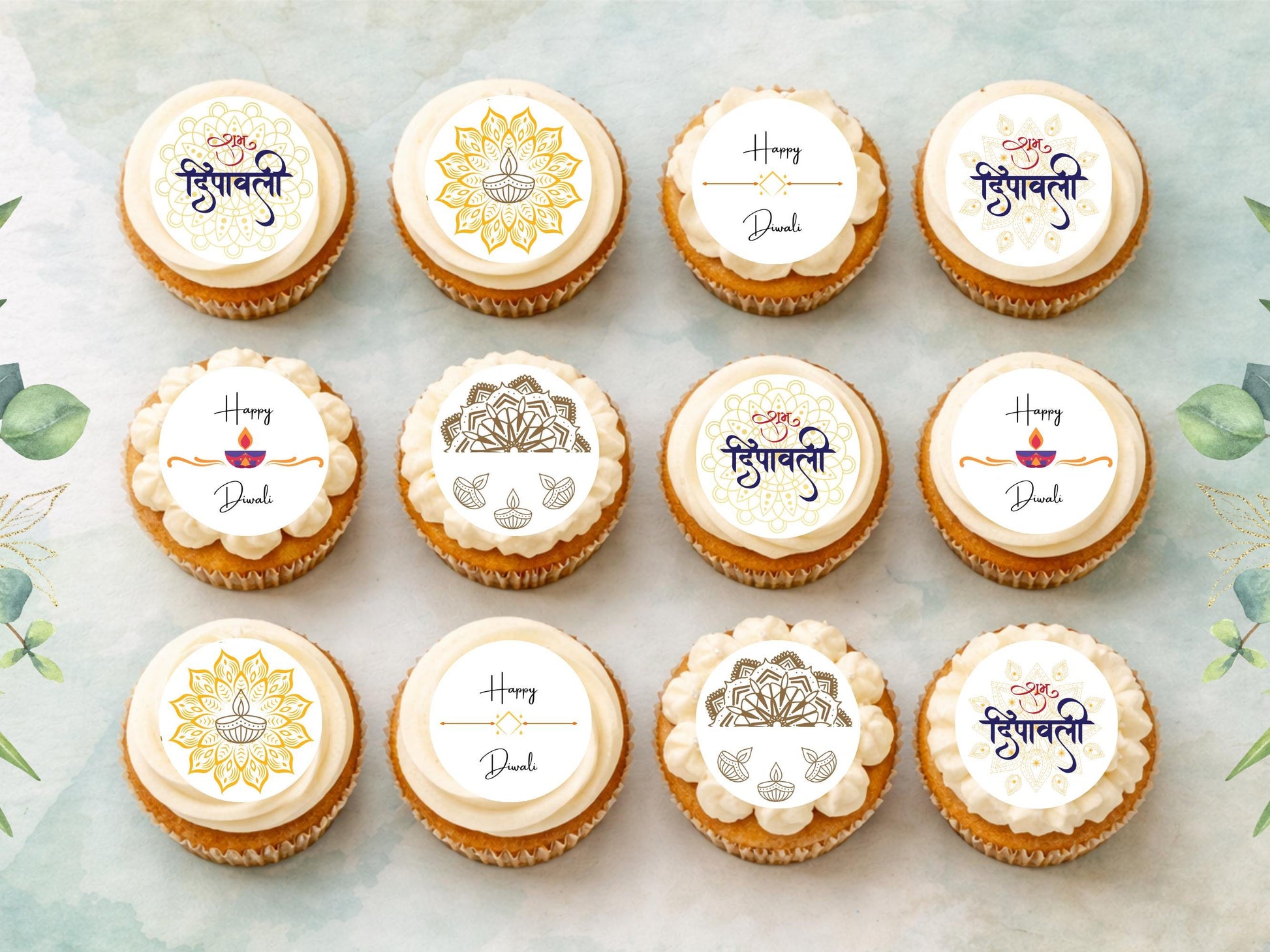 Happy Diwali Cupcake Toppers – Edible Wafer Paper, Card, Icing (12 x 2")