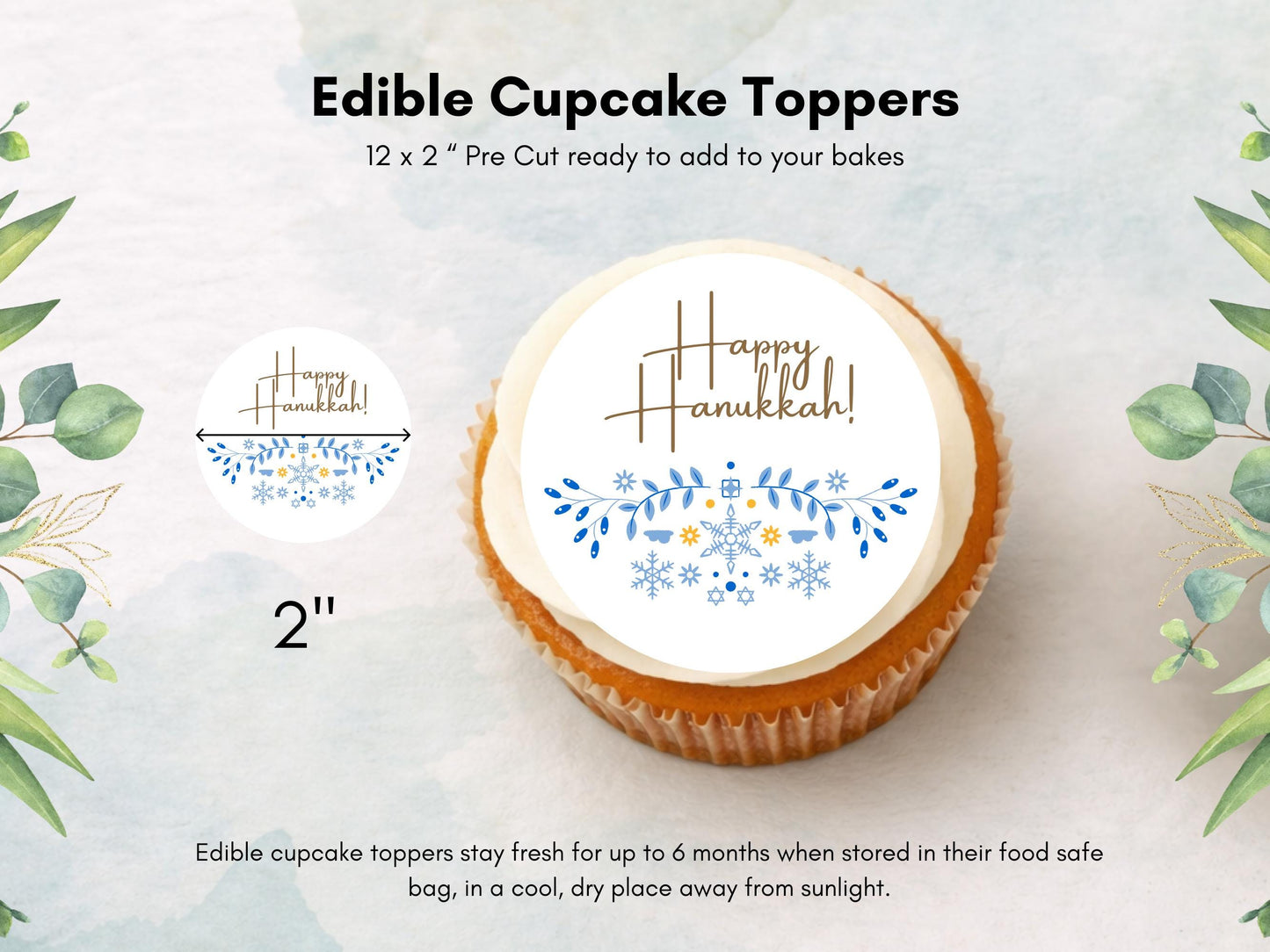 Happy Hanukkah Edible Cupcake Toppers – Pre-Cut 2" Wafer Paper