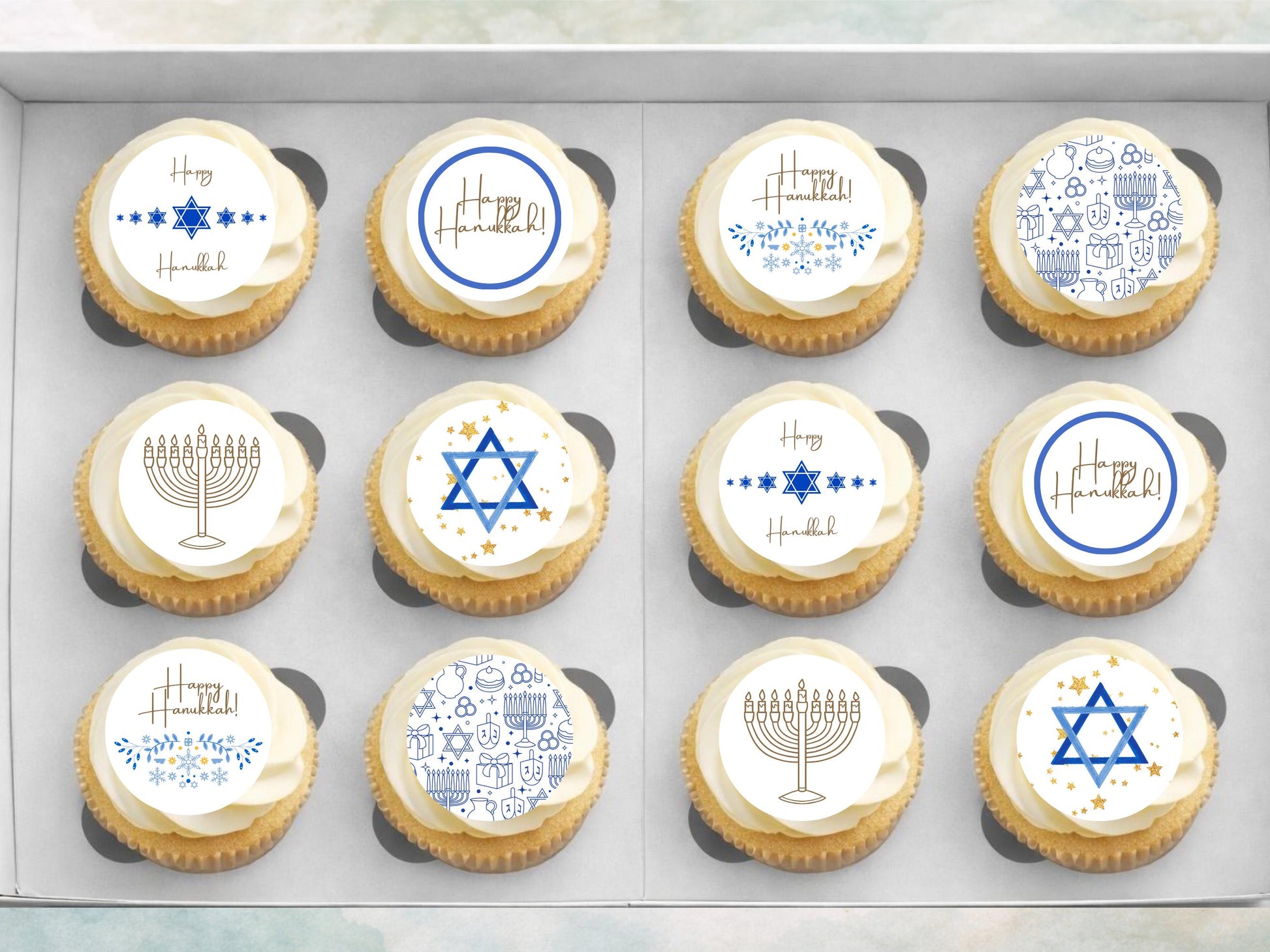 Happy Hanukkah Edible Cupcake Toppers – Pre-Cut 2" Wafer Paper