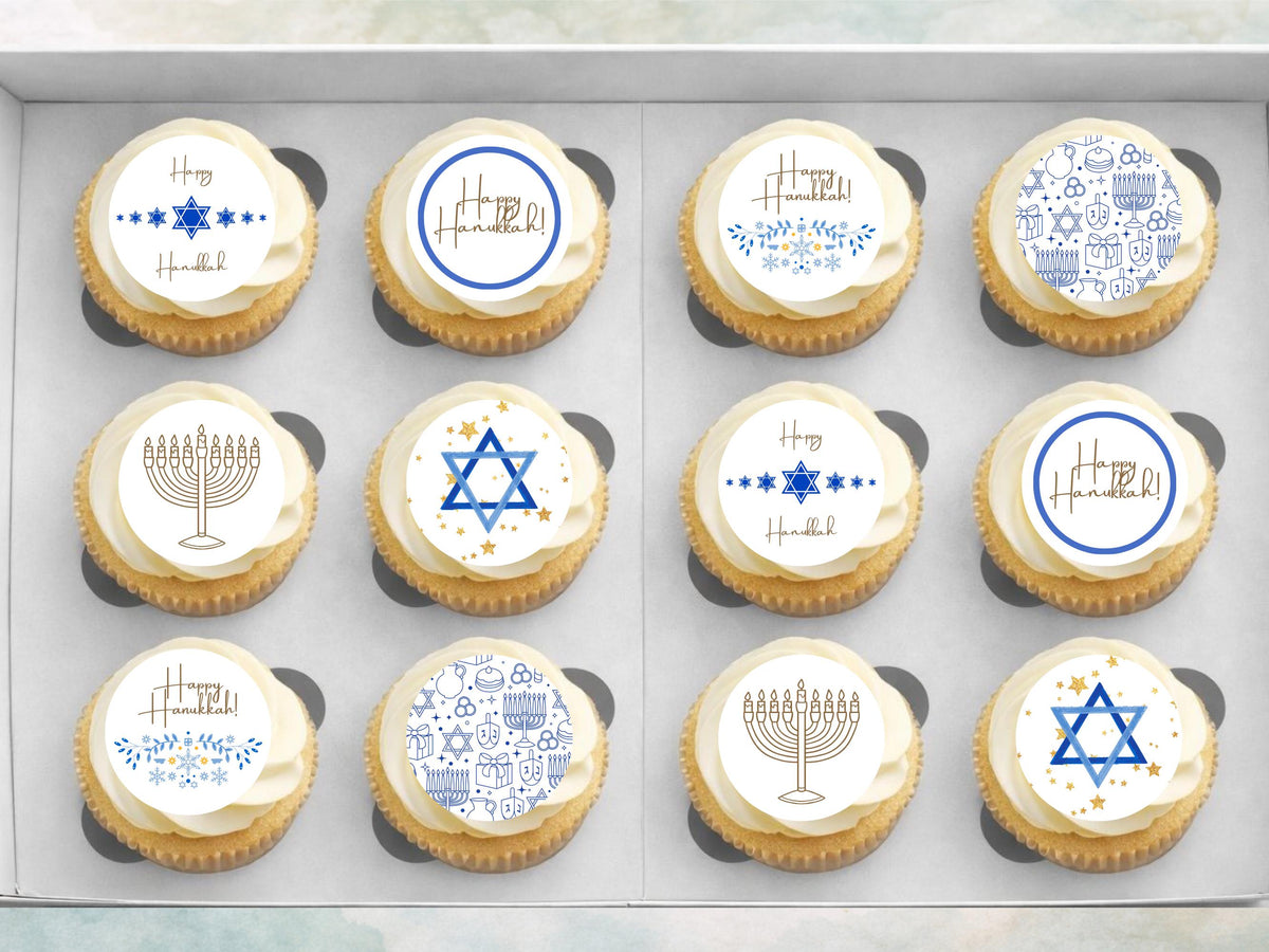 Happy Hanukkah Edible Cupcake Toppers – Pre-Cut 2" Wafer Paper