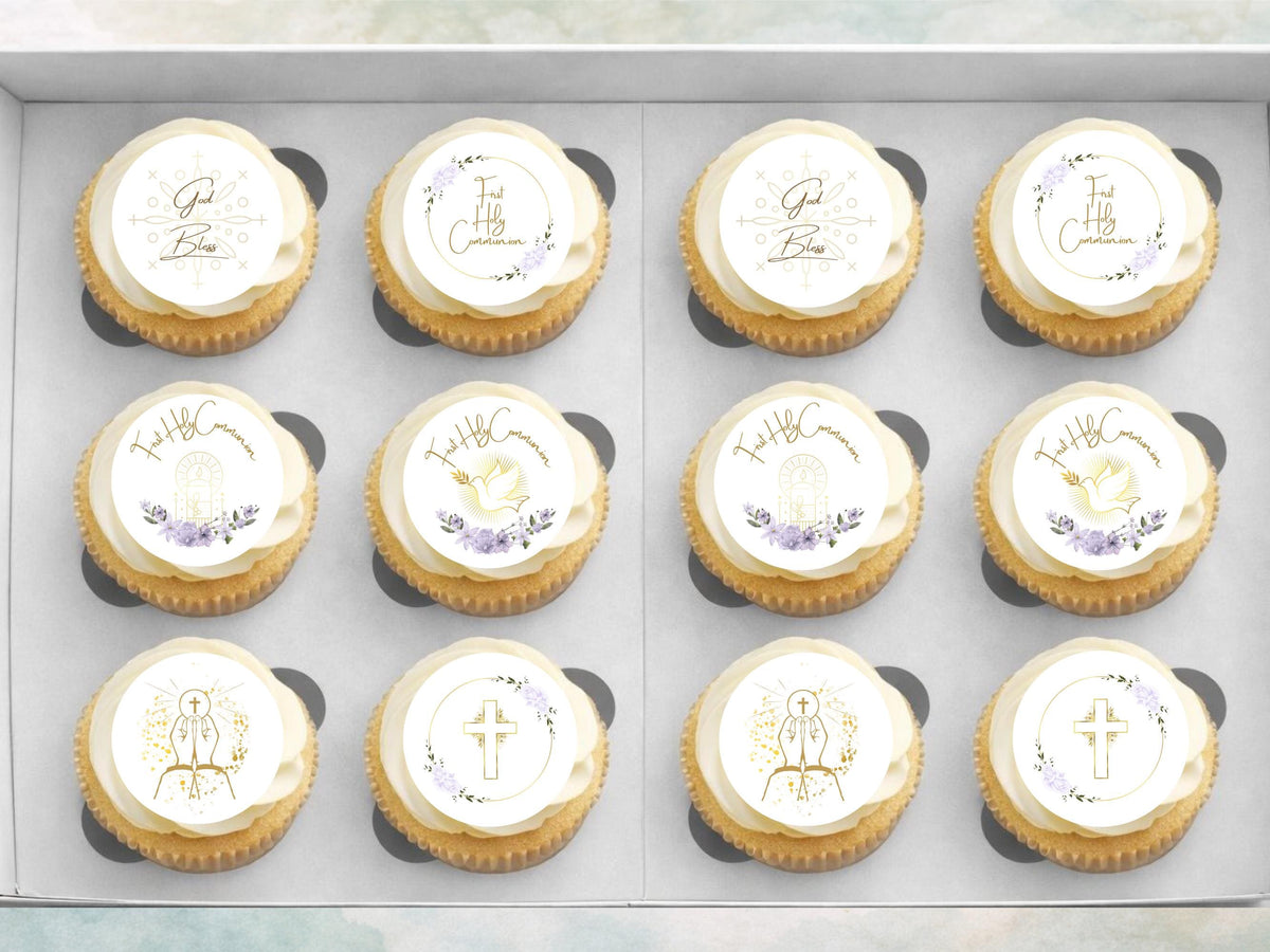 First Holy Communion Edible Cupcake Toppers – Wafer, Card, or Icing