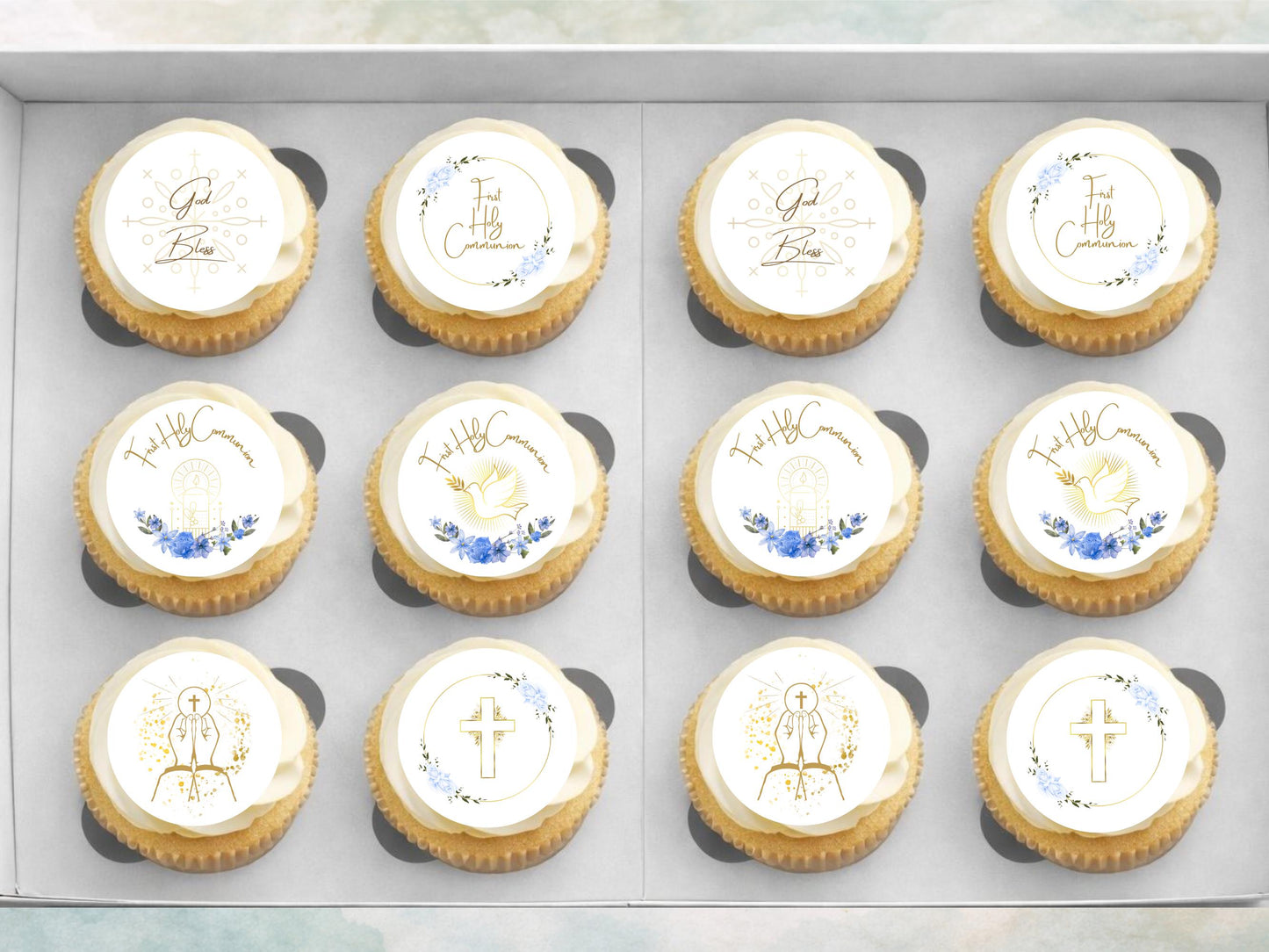First Holy Communion Edible Cupcake Toppers – Wafer, Card, or Icing