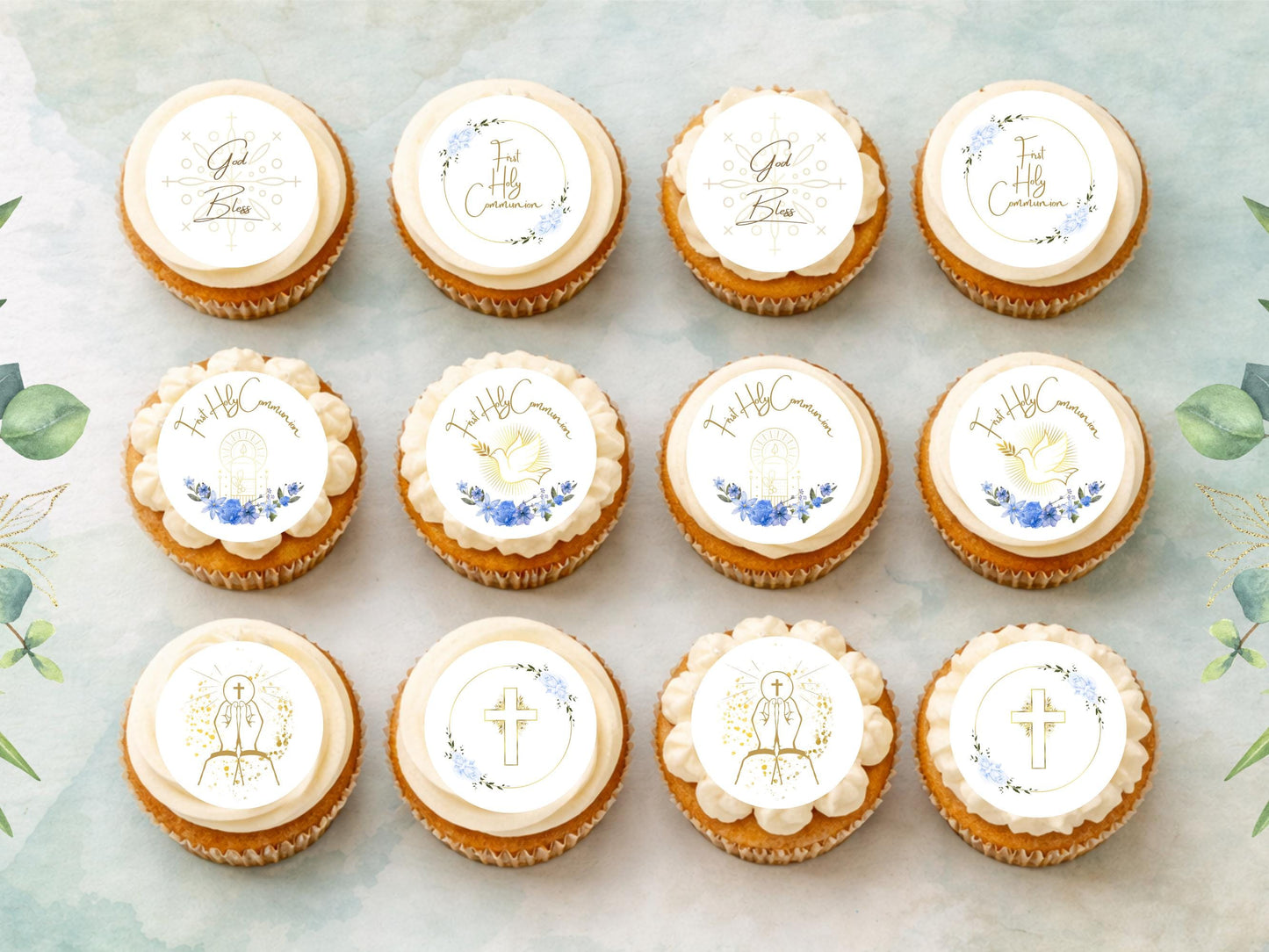 First Holy Communion Edible Cupcake Toppers – Wafer, Card, or Icing