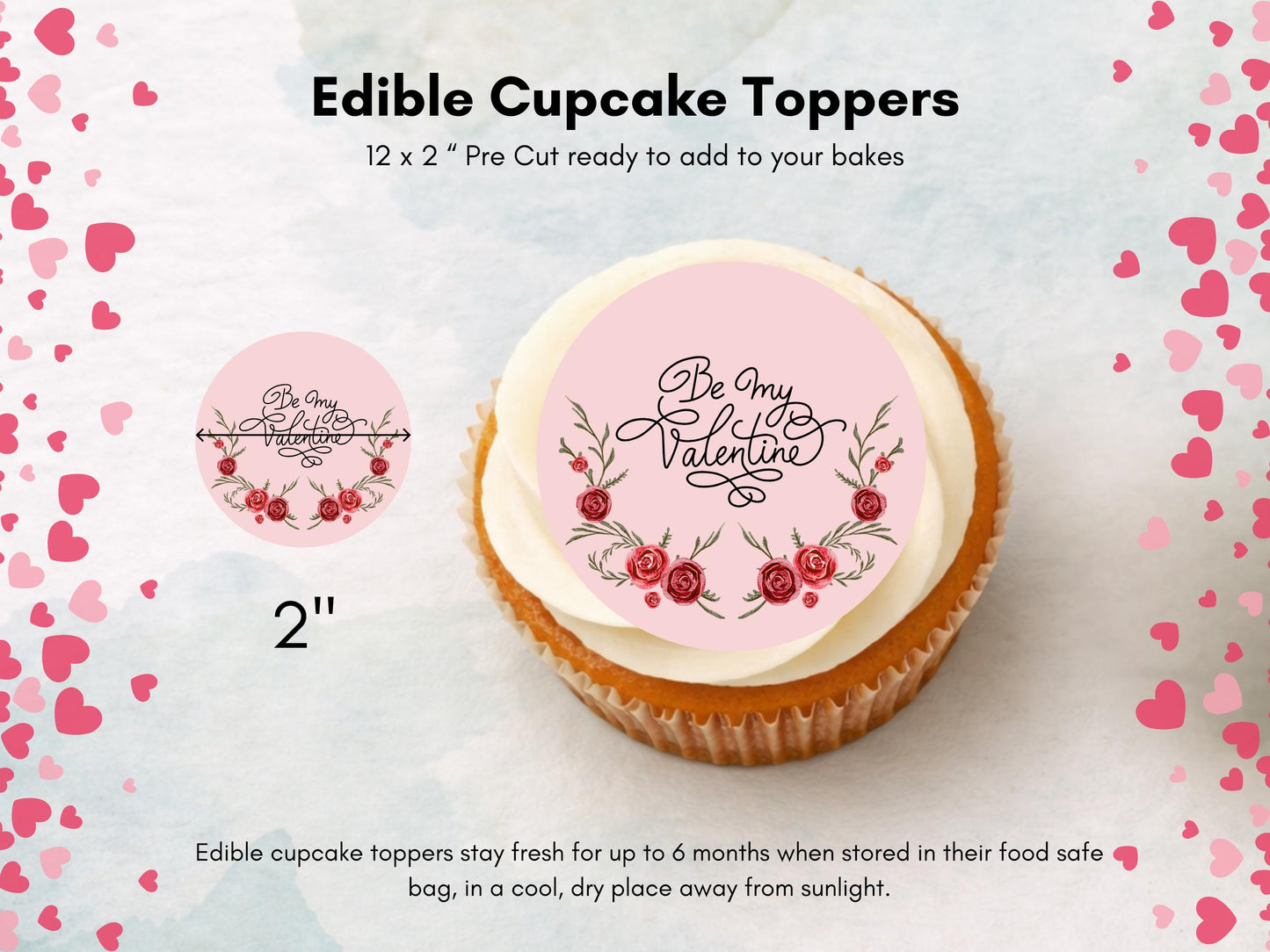 Valentines Day Edible Cupcake Toppers 12 x 2", Be My Valentine Toppers