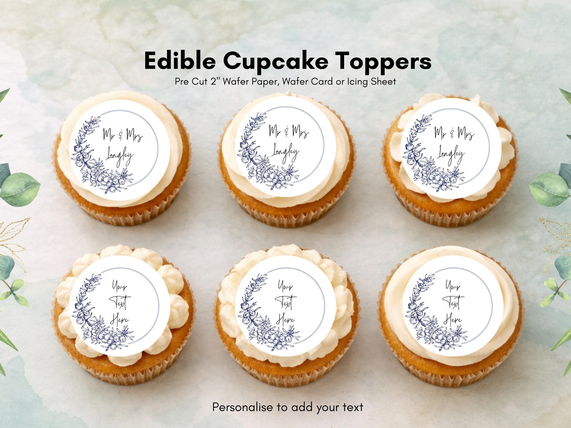 Personalised Edible Cupcake Toppers 12 x 2" Precut Wafer Paper, Card or Icing Sheet