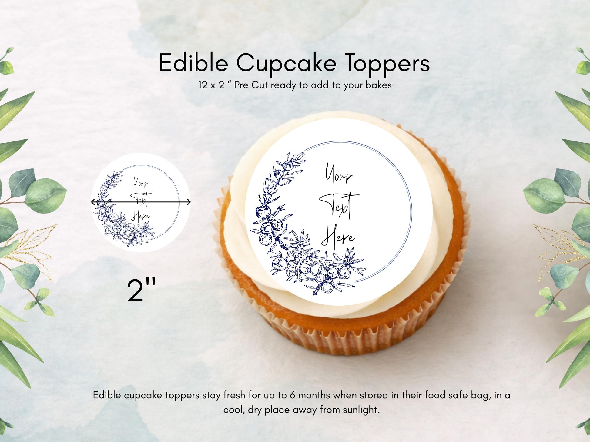 Personalised Edible Cupcake Toppers 12 x 2" Precut Wafer Paper, Card or Icing Sheet