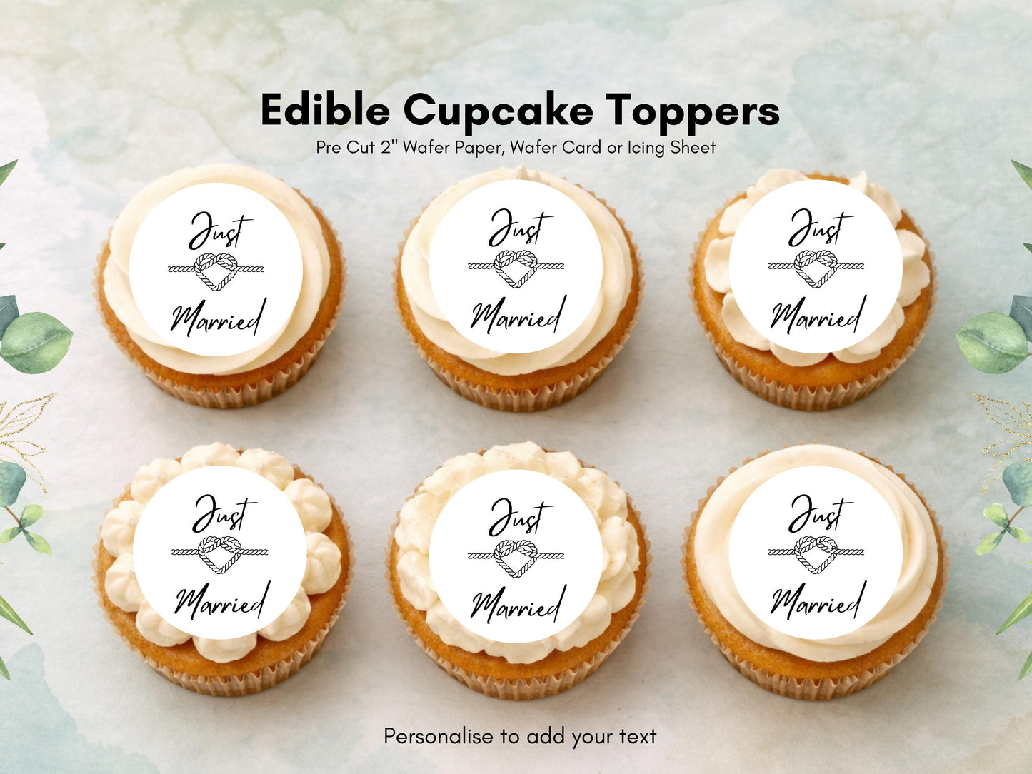 Just Married Edible Cupcake Toppers – 2" Wafer Paper, Card, or Icing