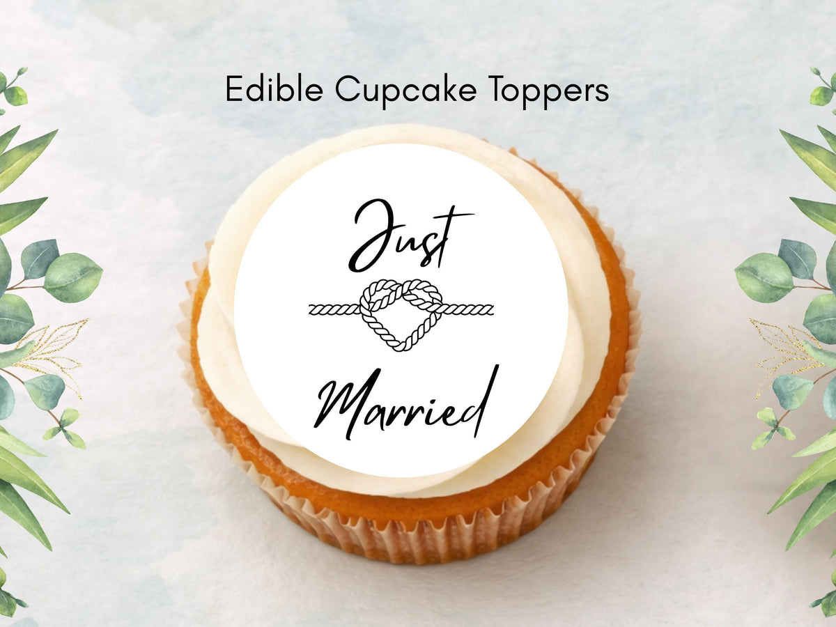 Just Married Edible Cupcake Toppers – 2" Wafer Paper, Card, or Icing