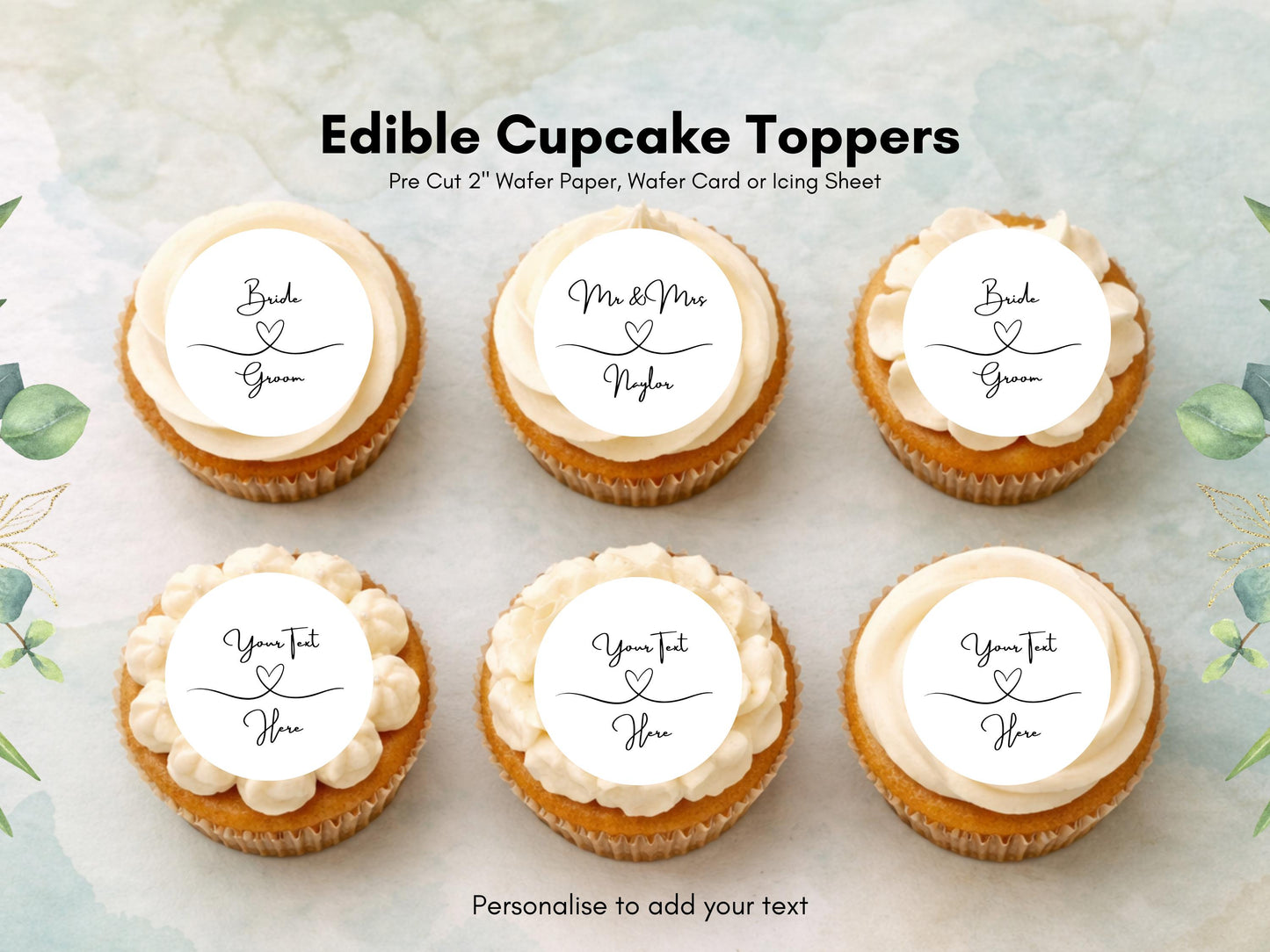 Personalized Wedding Cupcake Toppers – Edible Wafer Paper or Icing (12 x 2")