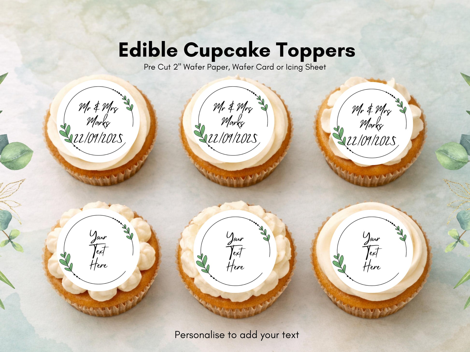 Personalised Edible Cupcake Toppers 12 x 2" – Pre cut Wafer Paper, Card or Icing Sheet, Wedding Cake Topper, Wedding Favors