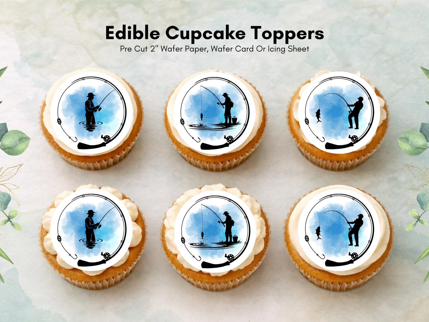Fishing Themed Edible Cupcake Toppers 12 x 2" – Pre cut Wafer Paper, Card or Icing Sheet