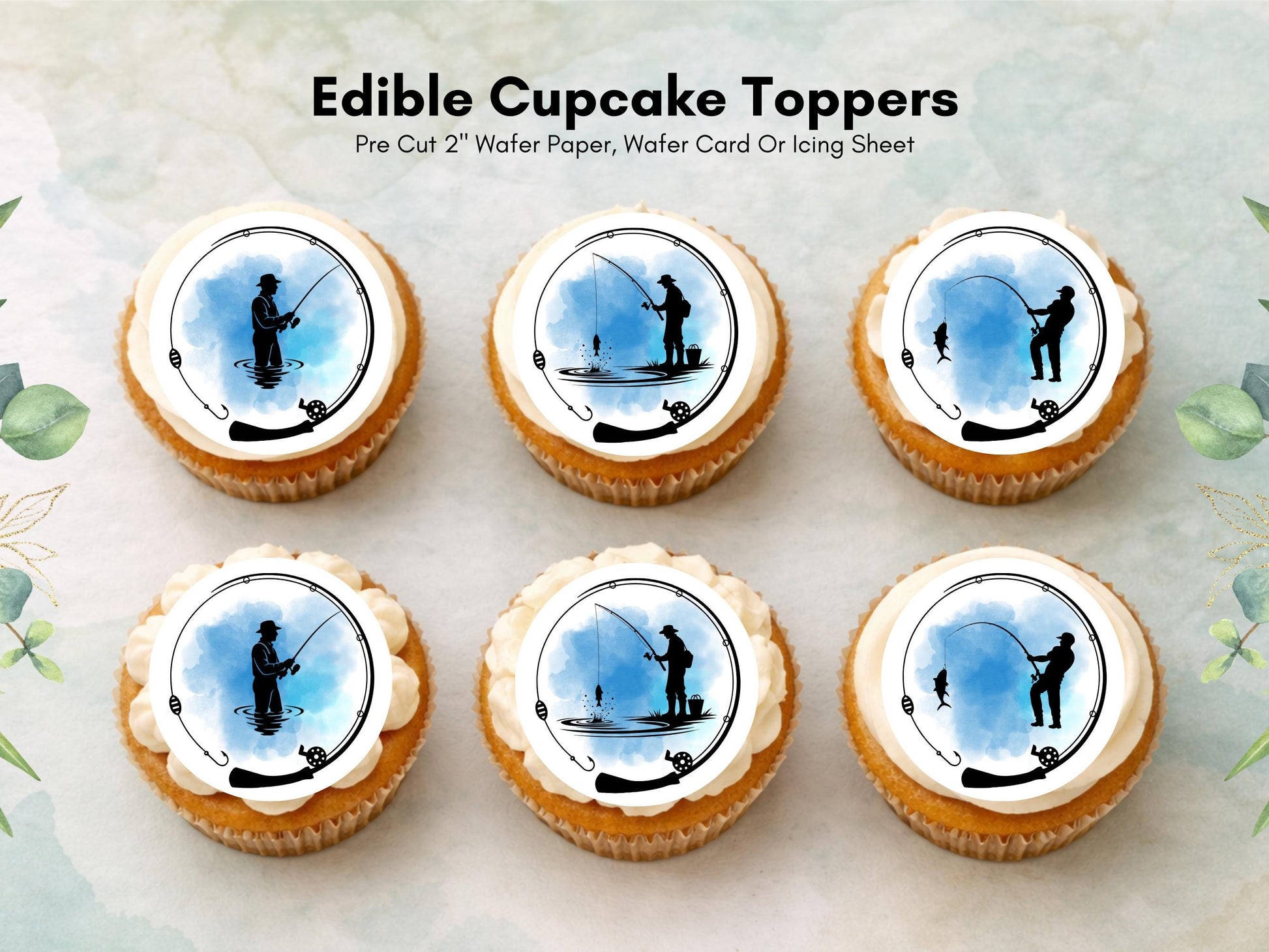 Fishing Themed Edible Cupcake Toppers 12 x 2" – Pre cut Wafer Paper, Card or Icing Sheet