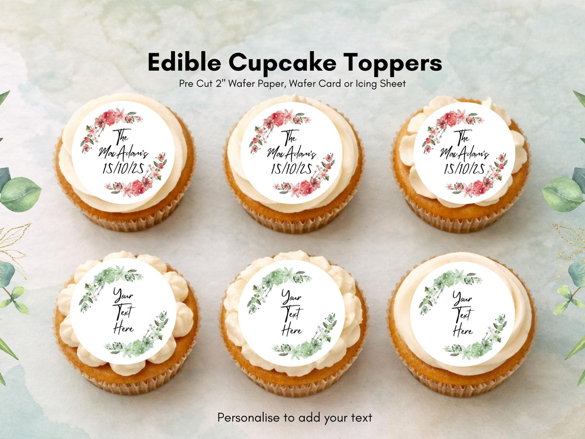 Personalized Floral Edible Cupcake Toppers – Wedding, Birthday Cake Decorations