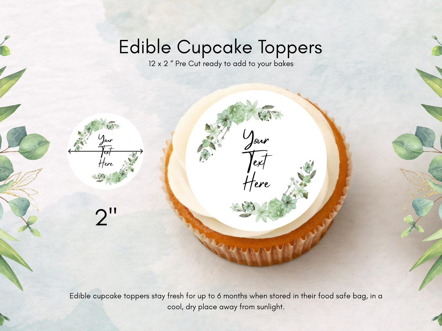 Personalized Floral Edible Cupcake Toppers – Wedding, Birthday (Pre-cut)