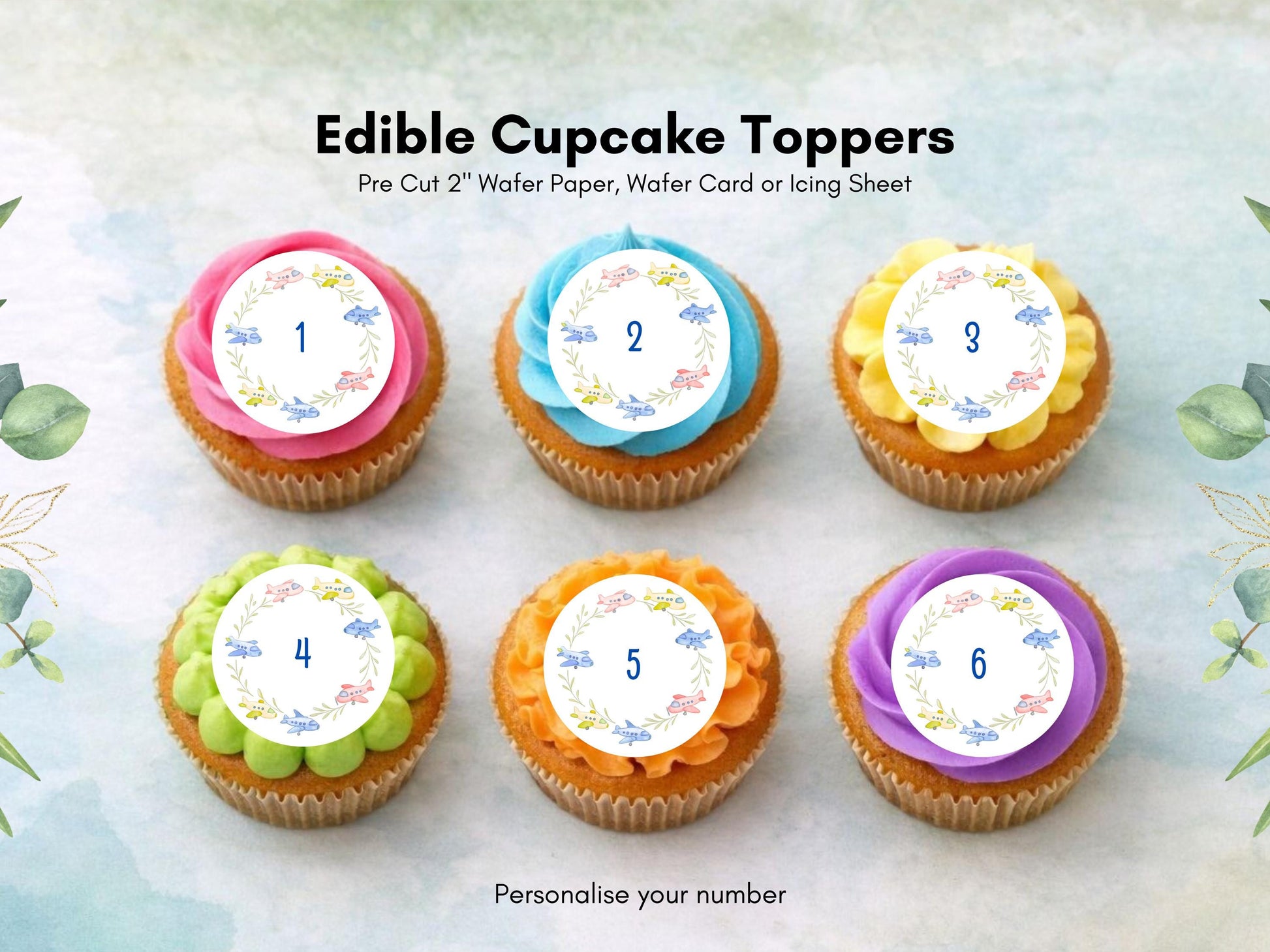 Custom Airplane Birthday Cupcake Toppers: Edible Wafer Paper, Card, or Icing sheet (12 x 2")