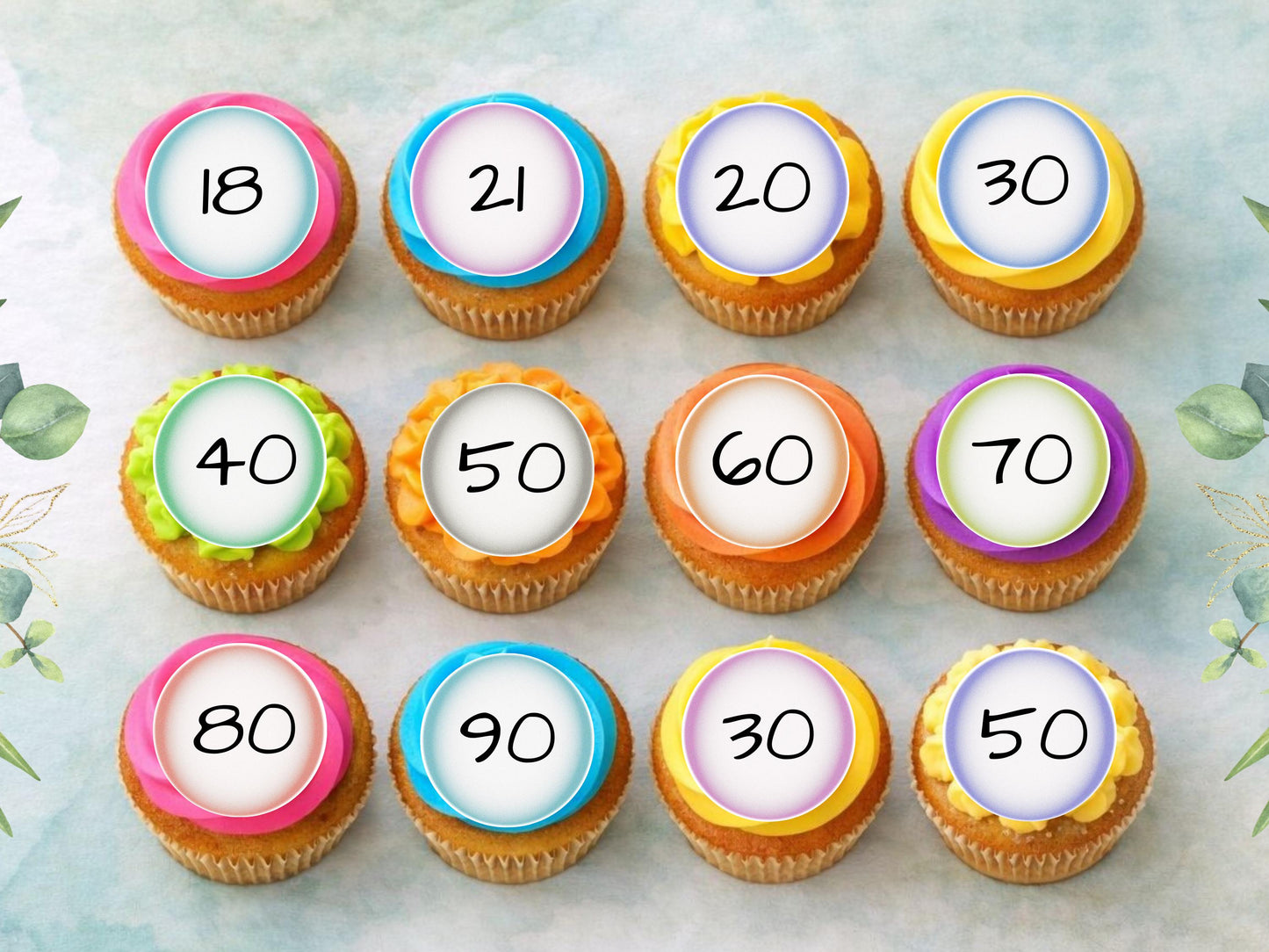 Milestone Age Edible Cupcake Toppers 12 x 2"– Pre cut Wafer Paper, Card or Icing Sheet, Customisable Birthday Celebration Cake Decorations