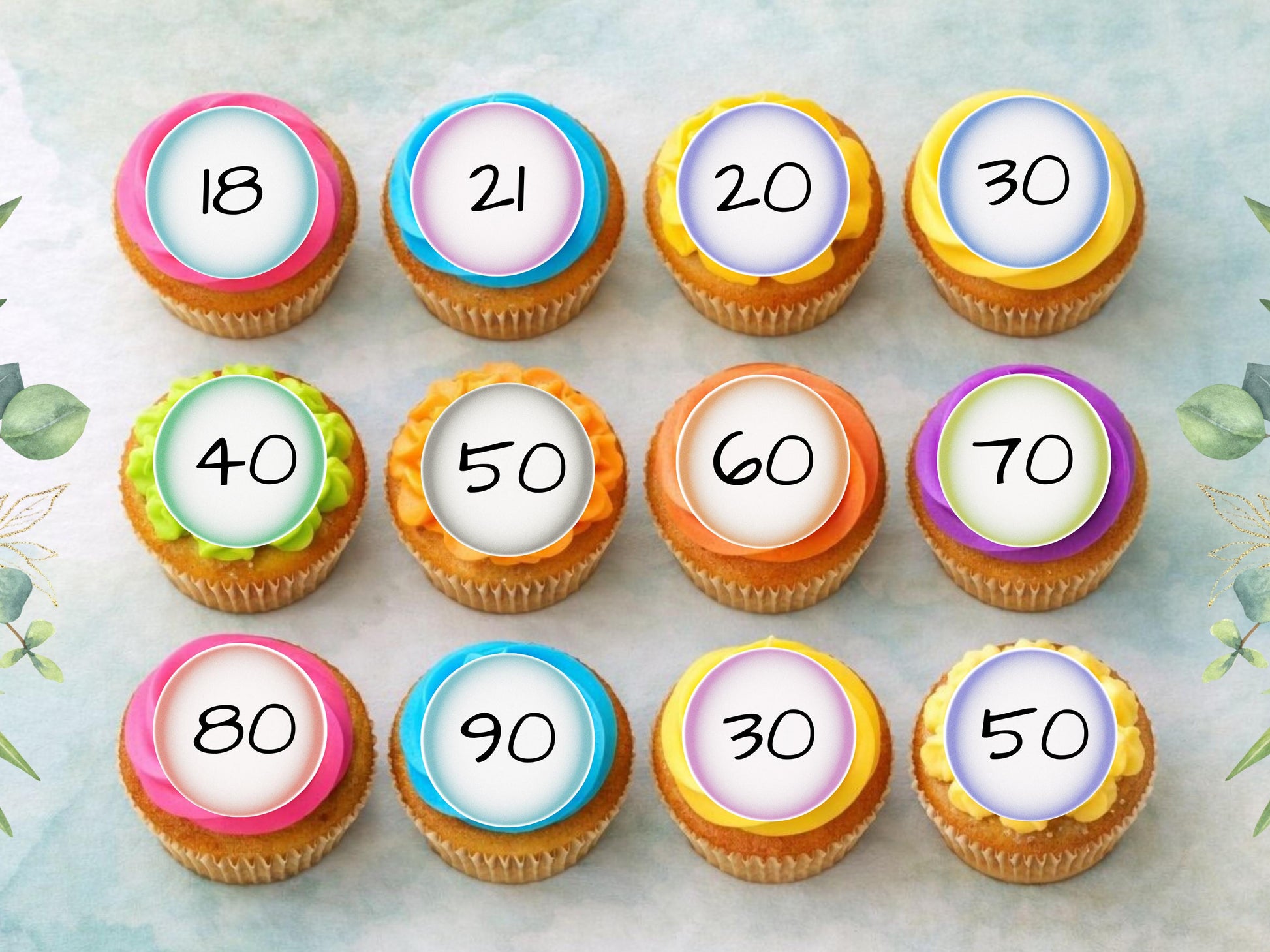 Milestone Age Edible Cupcake Toppers 12 x 2"– Pre cut Wafer Paper, Card or Icing Sheet, Customisable Birthday Celebration Cake Decorations