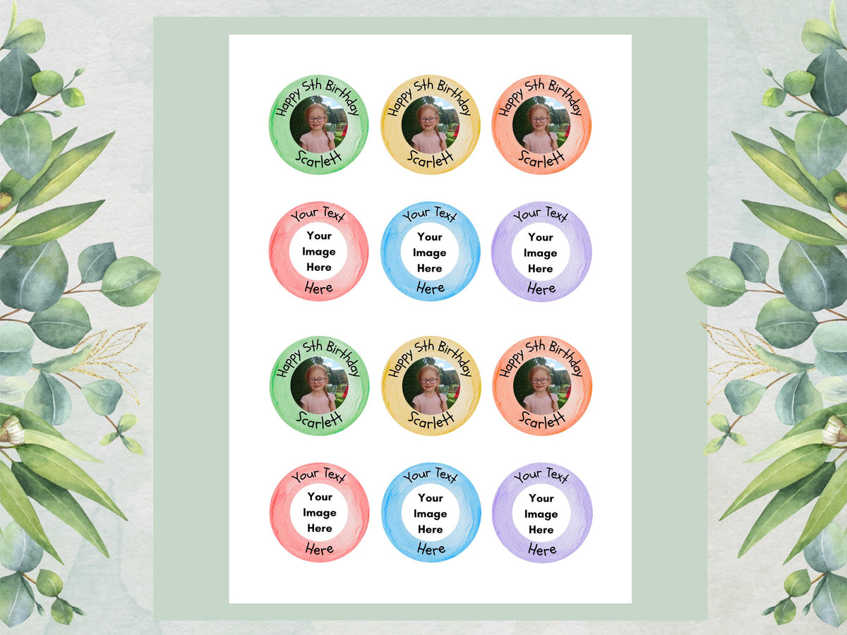 Personalised Happy Birthday Edible Cupcake Toppers, Custom with Photo & Text