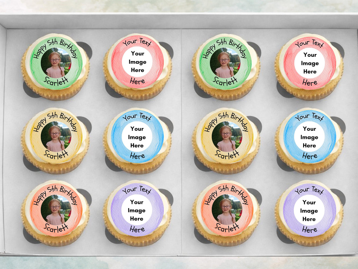 Personalised Happy Birthday Edible Cupcake Toppers, Custom with Photo & Text