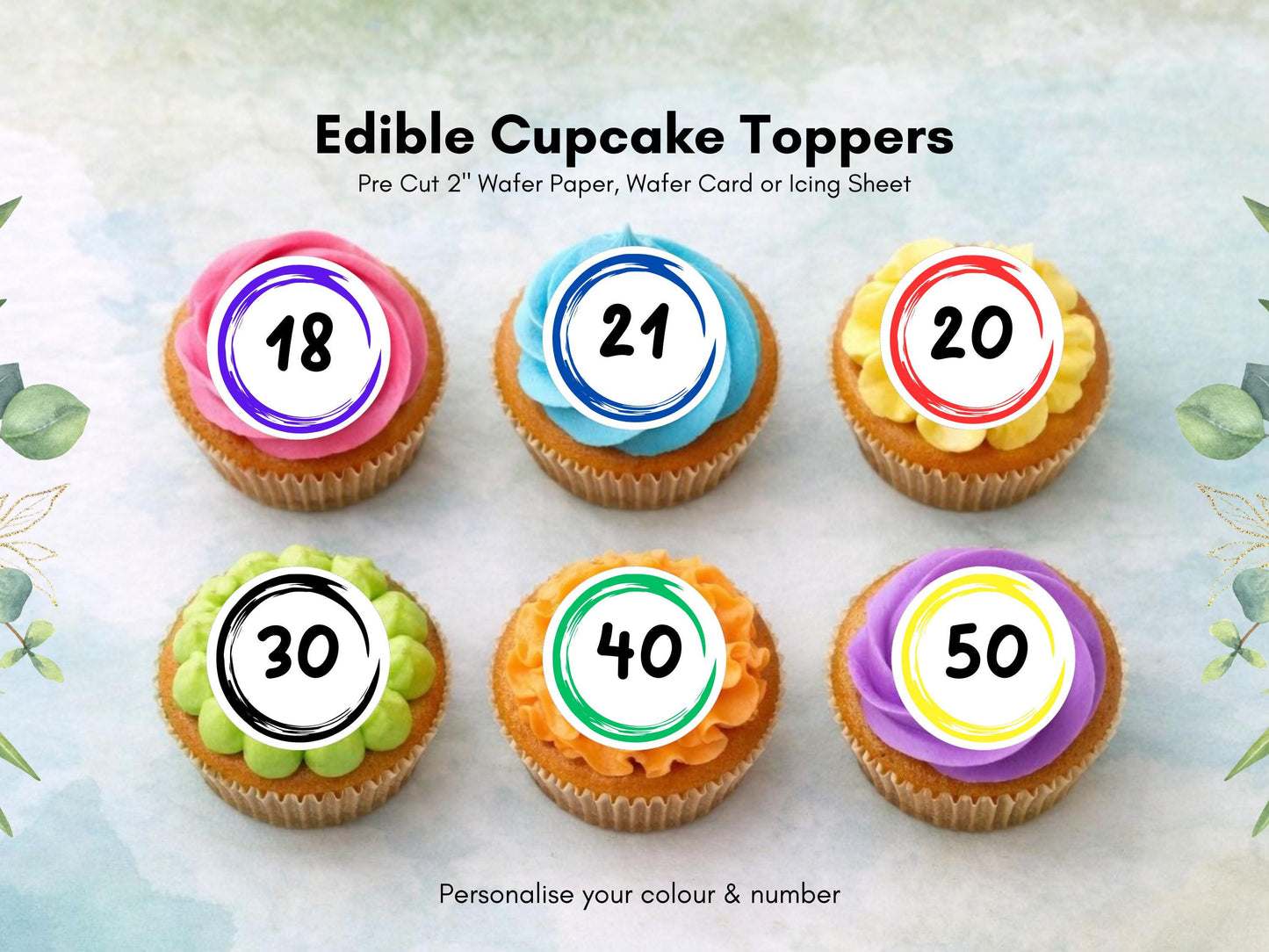 Milestone Birthday Edible Cupcake Toppers - Customizable Number & Color