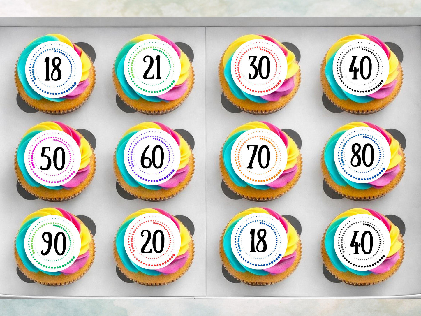 Milestone Birthday Edible Cupcake Toppers – Dotted Theme, Customizable (12 x 2")