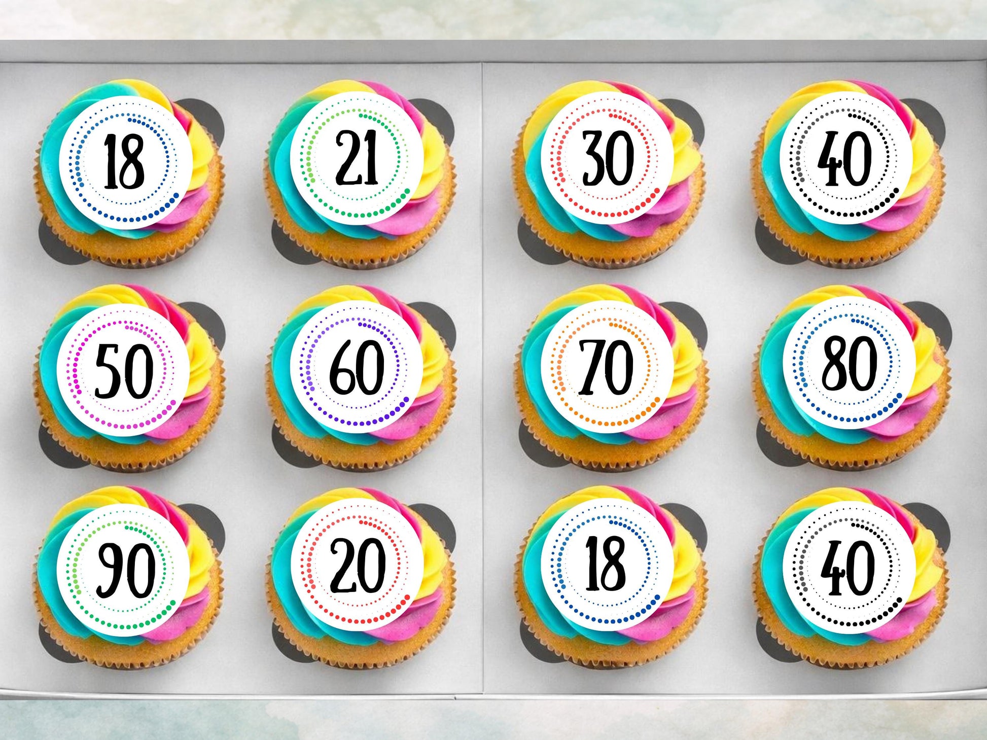 Milestone Birthday Edible Cupcake Toppers – Dotted Theme, Customizable (12 x 2")