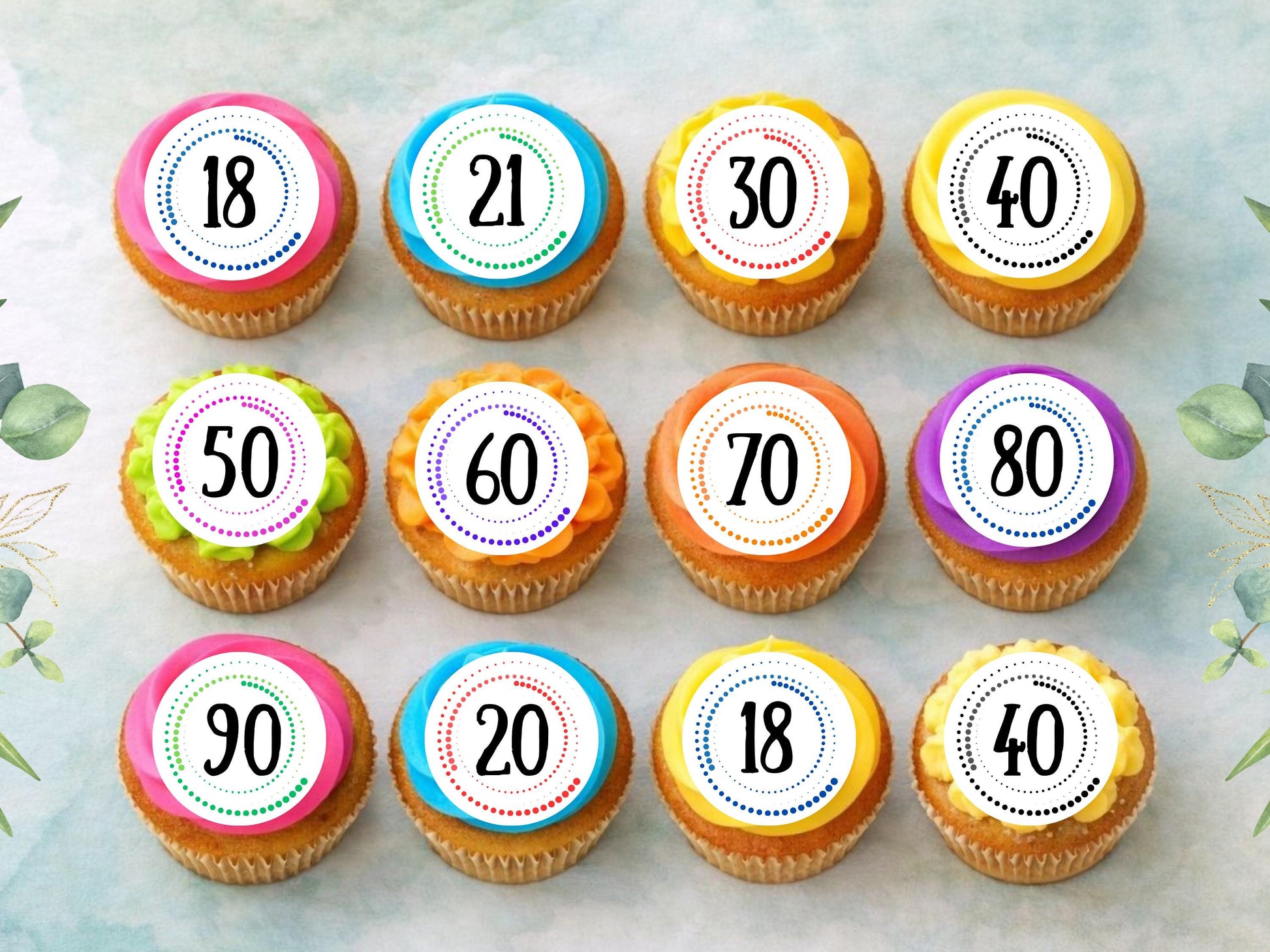 Milestone Birthday Edible Cupcake Toppers – Dotted Theme, Customizable (12 x 2")