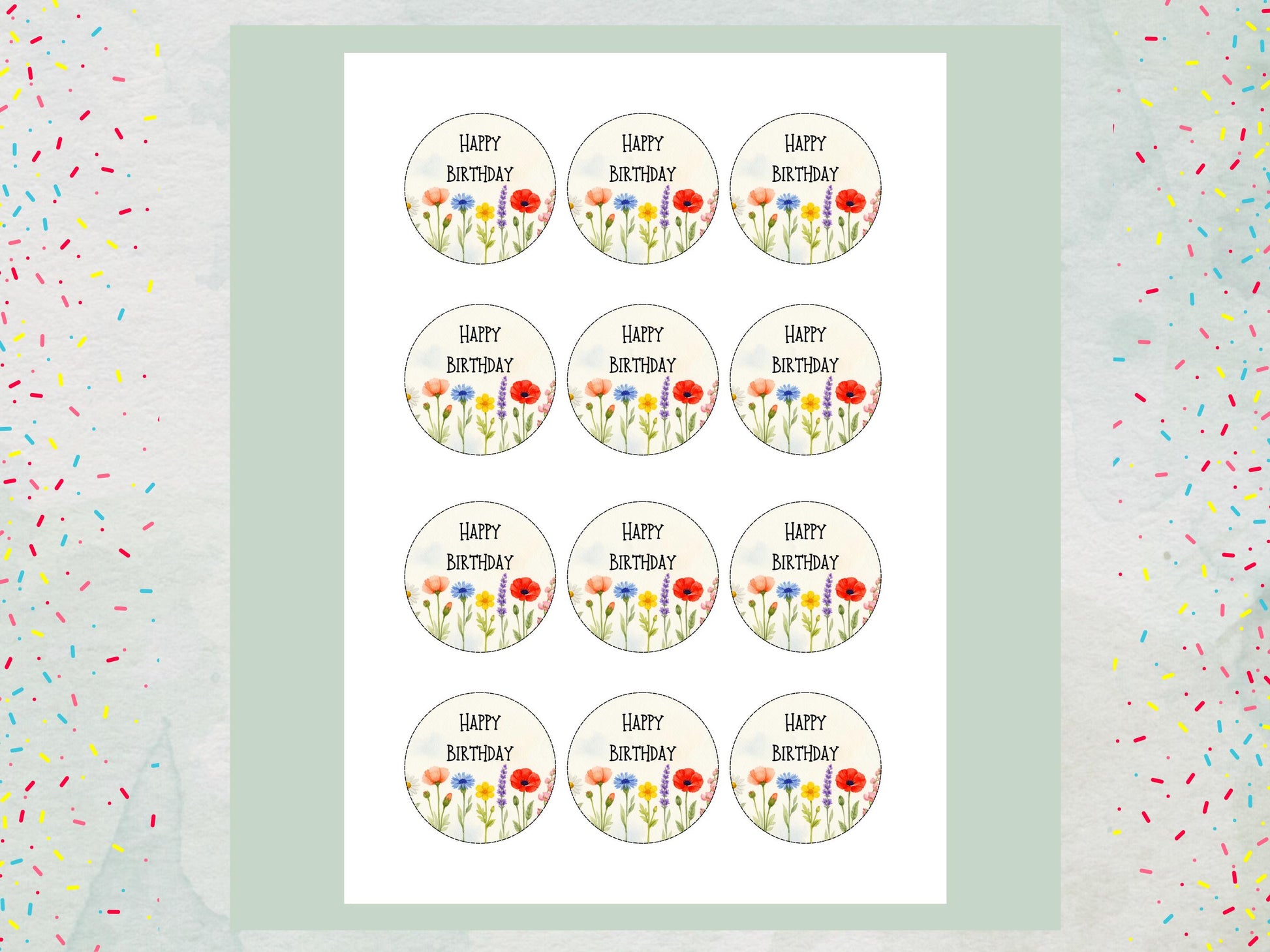 Floral Birthday Edible Cupcake Toppers – 12 x 2" Wafer Paper, Card or Icing Sheet