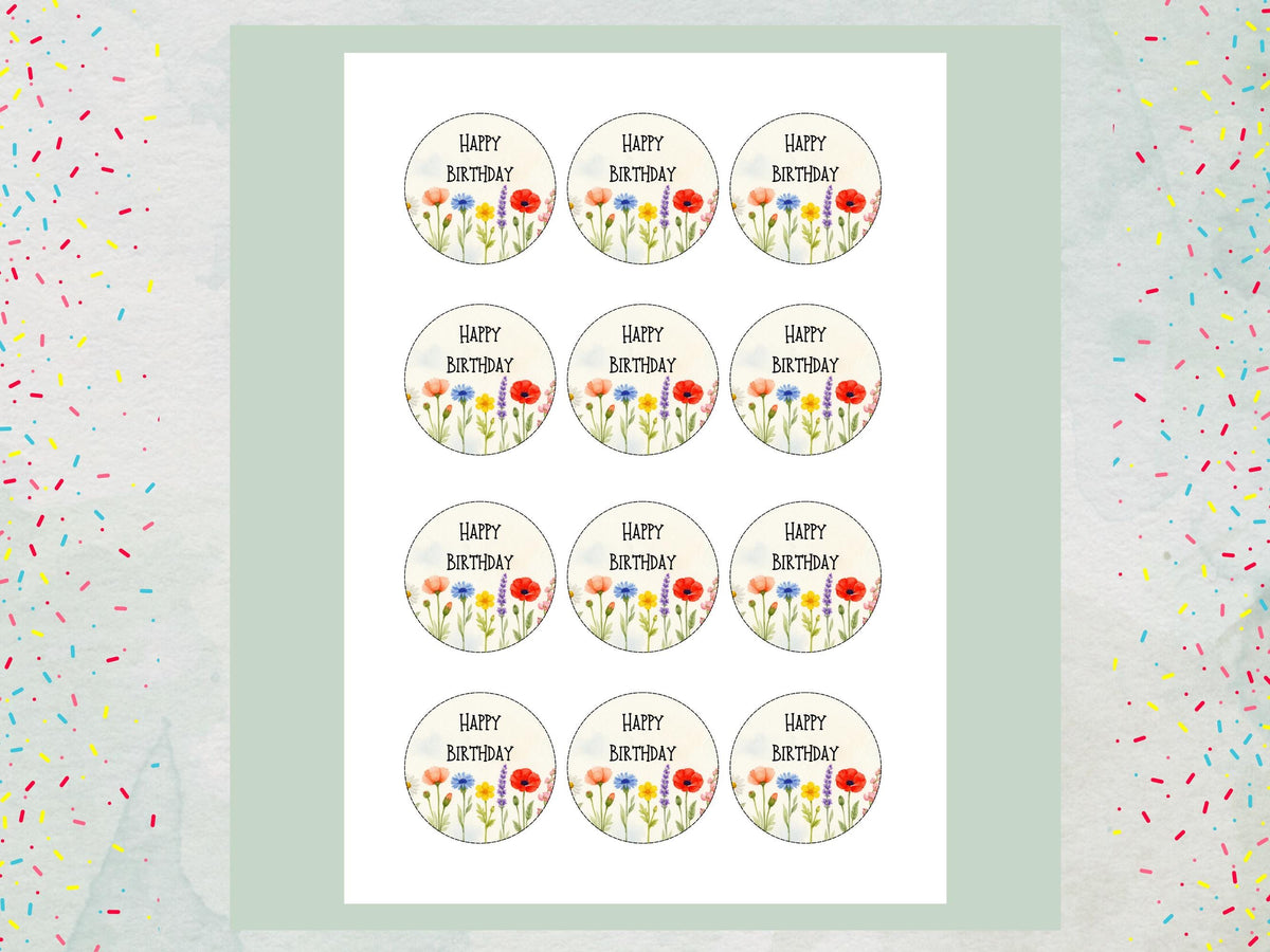 Floral Happy Birthday Edible Cupcake Toppers – 12 x 2" Wafer Paper, Card or Icing Sheet