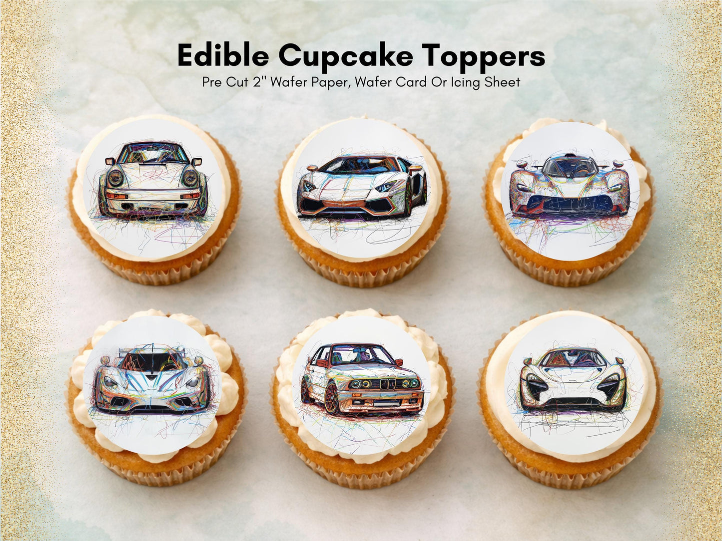 Sports Car Edible Cupcake Toppers – Pre-Cut Wafer Paper, Card, or Icing