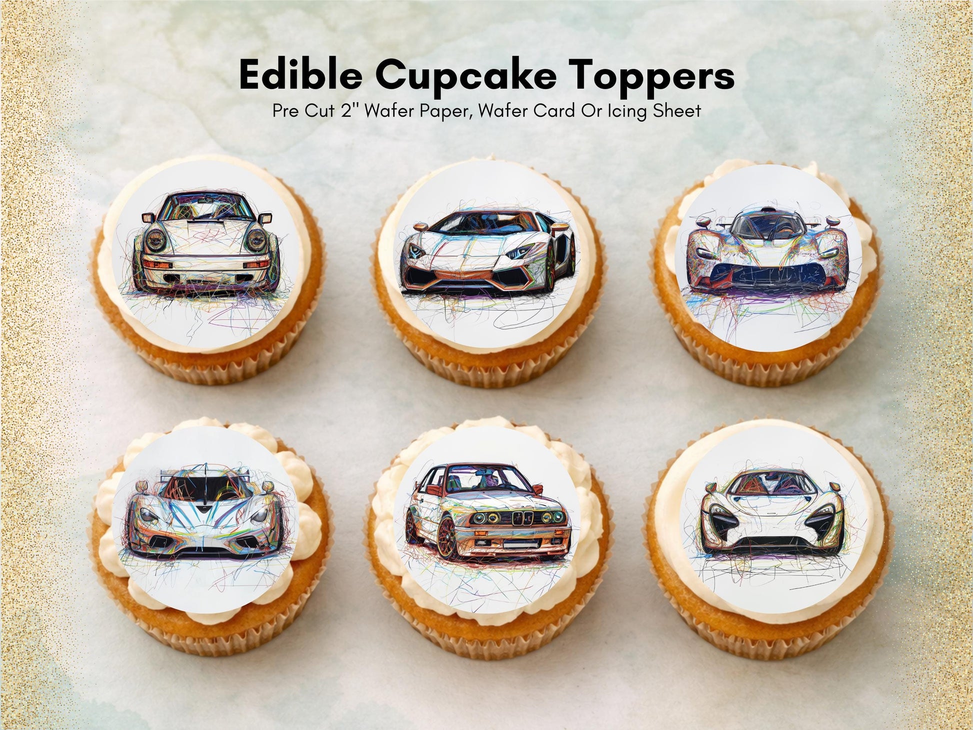 Sports Car Edible Cupcake Toppers – Pre-Cut Wafer Paper, Card, or Icing