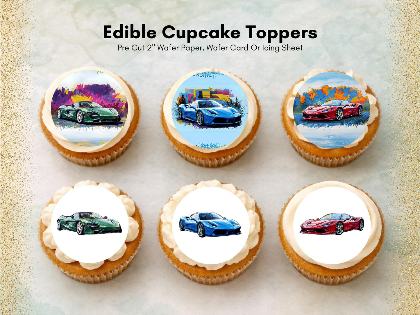 Sports Car Edible Cupcake Toppers – 12 x 2" Pre-Cut