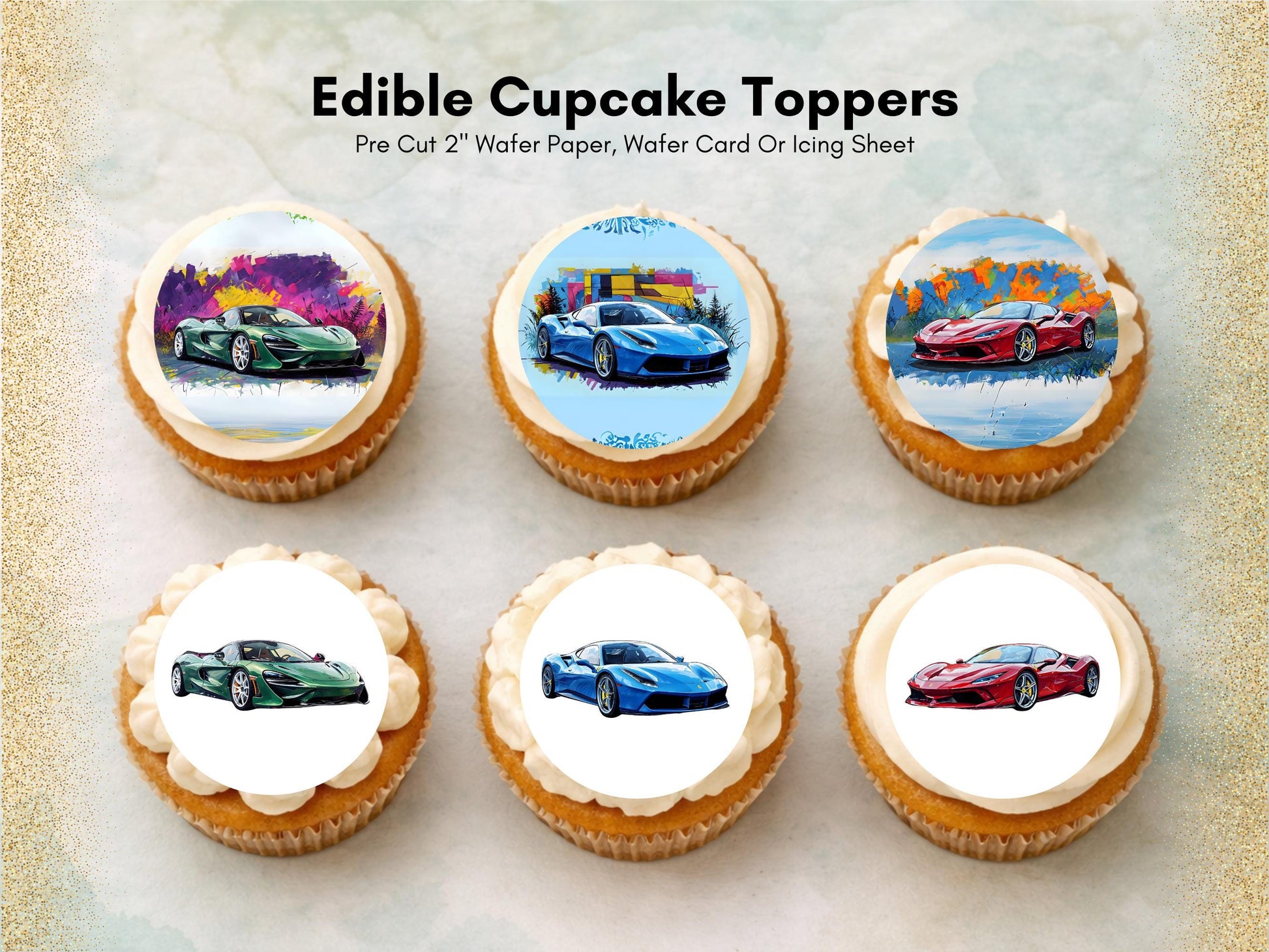 Sports Car Edible Cupcake Toppers – 12 x 2" Pre-Cut