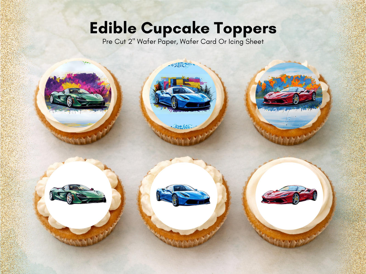 Sports Car Edible Cupcake Toppers – 12 x 2" Super Car Cake Topper