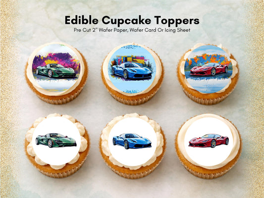 Sports Car Edible Cupcake Toppers – 12 x 2" Super Car Cake Topper